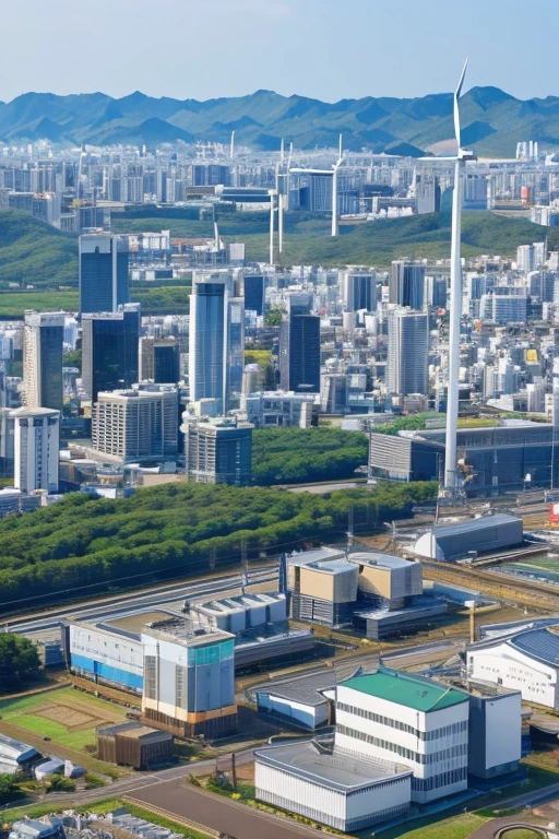 Japan、City、Buildings、Wind turbines on the roof and on the ground、sunny、View from a high place、Lots of wind turbines、No sea or fields
