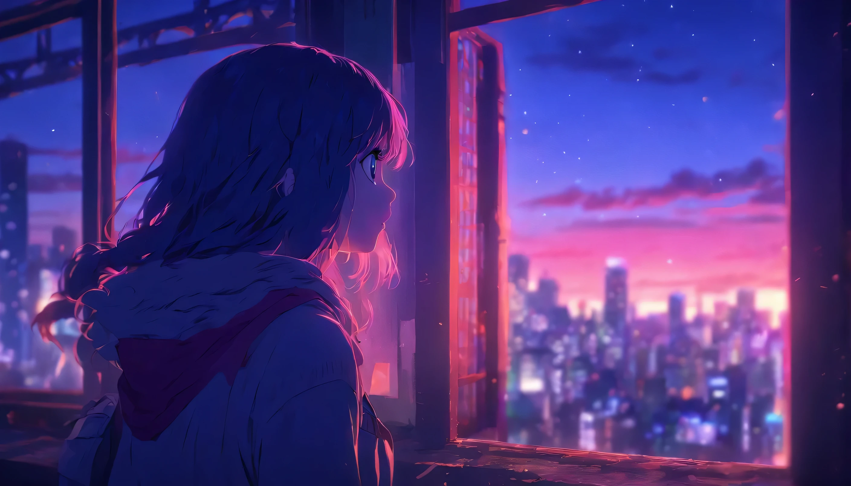 Before dawn,City,Girl looking out the window,