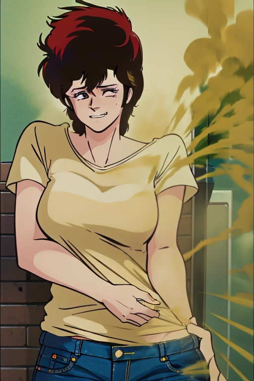 HD, high quality, high resolution, ultrahd,Kaori Makimura, 1female, wearing casual outfit, light green shirt, jeans, default hair, brown hair, tall body, skinny body, massive fart, yellow smoke, clenching teeth, smiling, wide eyes, leaning, embarrassed