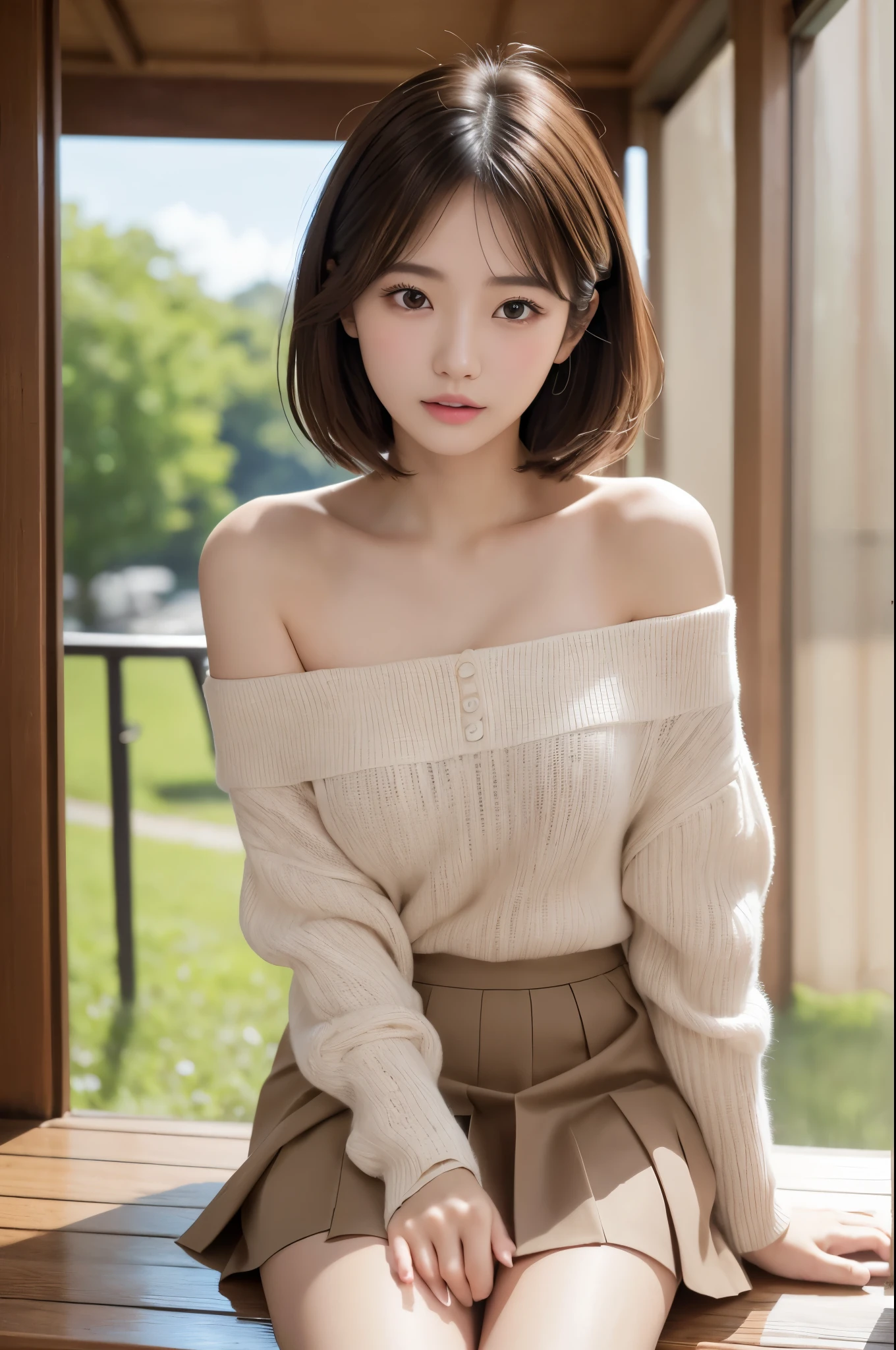 (High resolution、8k:1.3)、masterpiece、(Ultra-realistic as a photo:1.3)、Very nice finish、perfect anatomy, Sharp focus, 超High resolutionの顔、highest quality、The face is in focus、Ultra high definition and beautiful eyes、Eyes are symmetrical、High quality and beautiful skin、Firm Skin、Japanese Girls, Slender、very cute、17 years old、(Off the shoulder、Pleated skirt、mini skirt), Natural Makeup, (blush:1.3), (Embarrassing:1.3)、Sitting、(View your viewers:1.3),short hair, messy hair