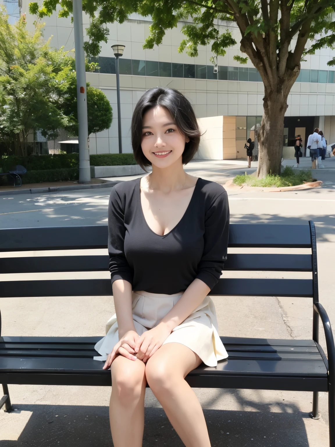 最high quality, In 8K, Masseter region, Vibrant, Sharp focus, high quality, High resolution, Detailed face, Fine grain, Red lips, (Watching the audience), alone, Beautiful woman, 38 years old, (Very short black hair:1.3)、(Bob Hair)、(Standard body shape)、(D cup breasts)、 Cleavage, , afternoon、(Italy、Milan、The square in front of the church:1.5),(Sitting on a bench:1.5)、(Bright orange short sleeve knit dress:1.6)、(White knee-length skirt:1.6)、(Black pumps:1.5)、(Smiling with teeth showing:1.6)、