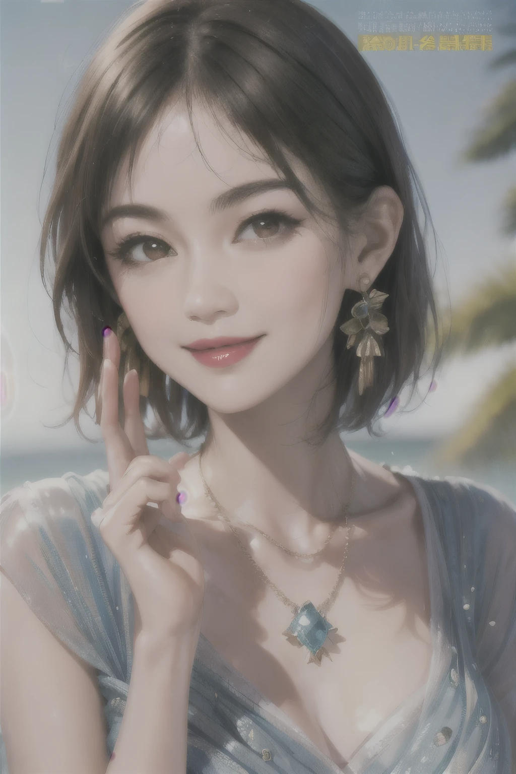235 20-year-old female, short hair, Summer travel magazine, A kind smile, lipstick, Photo quality, Ultra-realistic