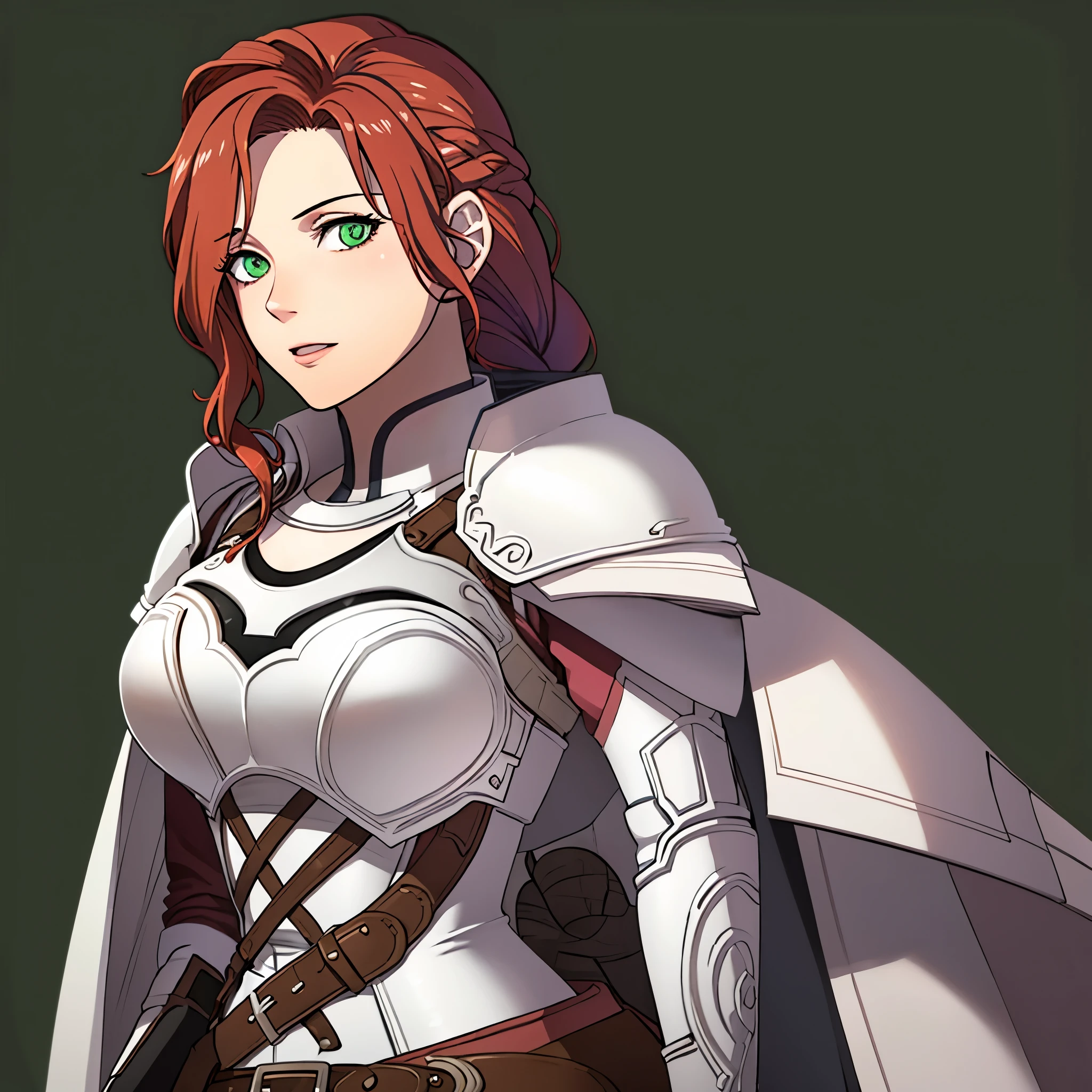 (Simple Background, Green Background:1.3), Masterpiece, solo, 1girl, upper body, titania, braided ponytail, armor, red dress, belt, gauntlets, gloves, armored boots