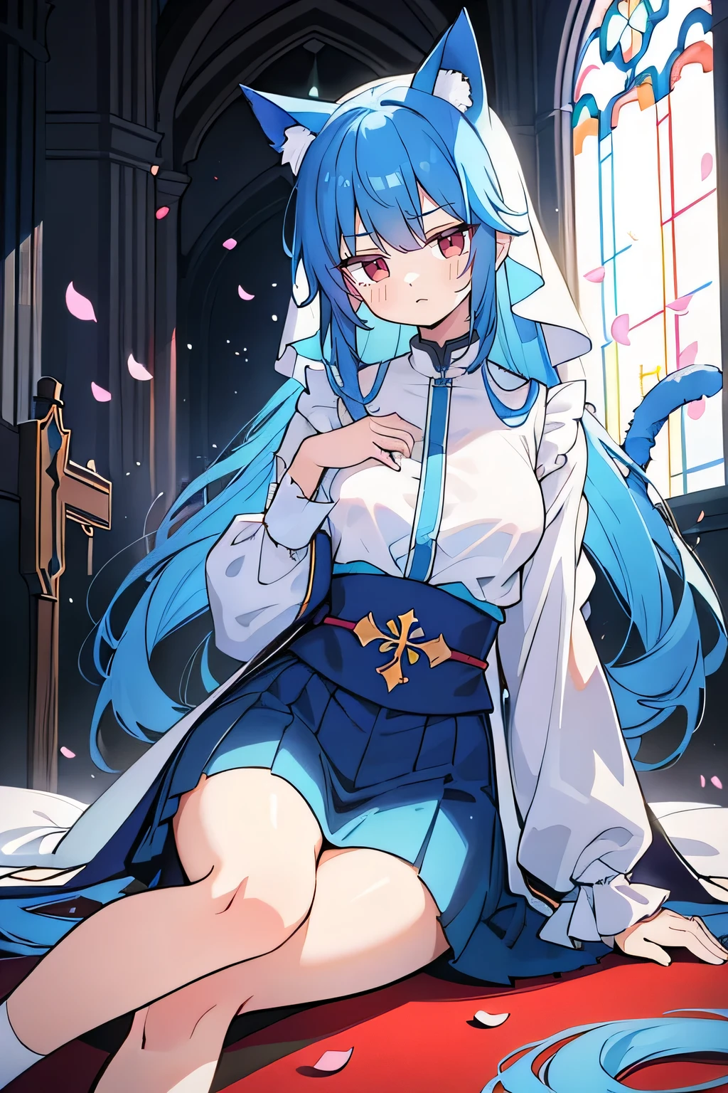 (masterpiece:1.2),Extremely detailed,Practical,expressive eyes,Fair skin,Perfect face shaping,1 Girl,
Japanese cartoons,Gorgeous blue hair, the long flowing blue hair,Floating clothes,Cat ears,Petals fall,beautiful lola,Young Angel,
Place your hands on your waist,sit elegantly on the ground,Cross your legs,Gentle and peaceful background,church,Nun&#39;s Clothes,back view,lie on the water. 