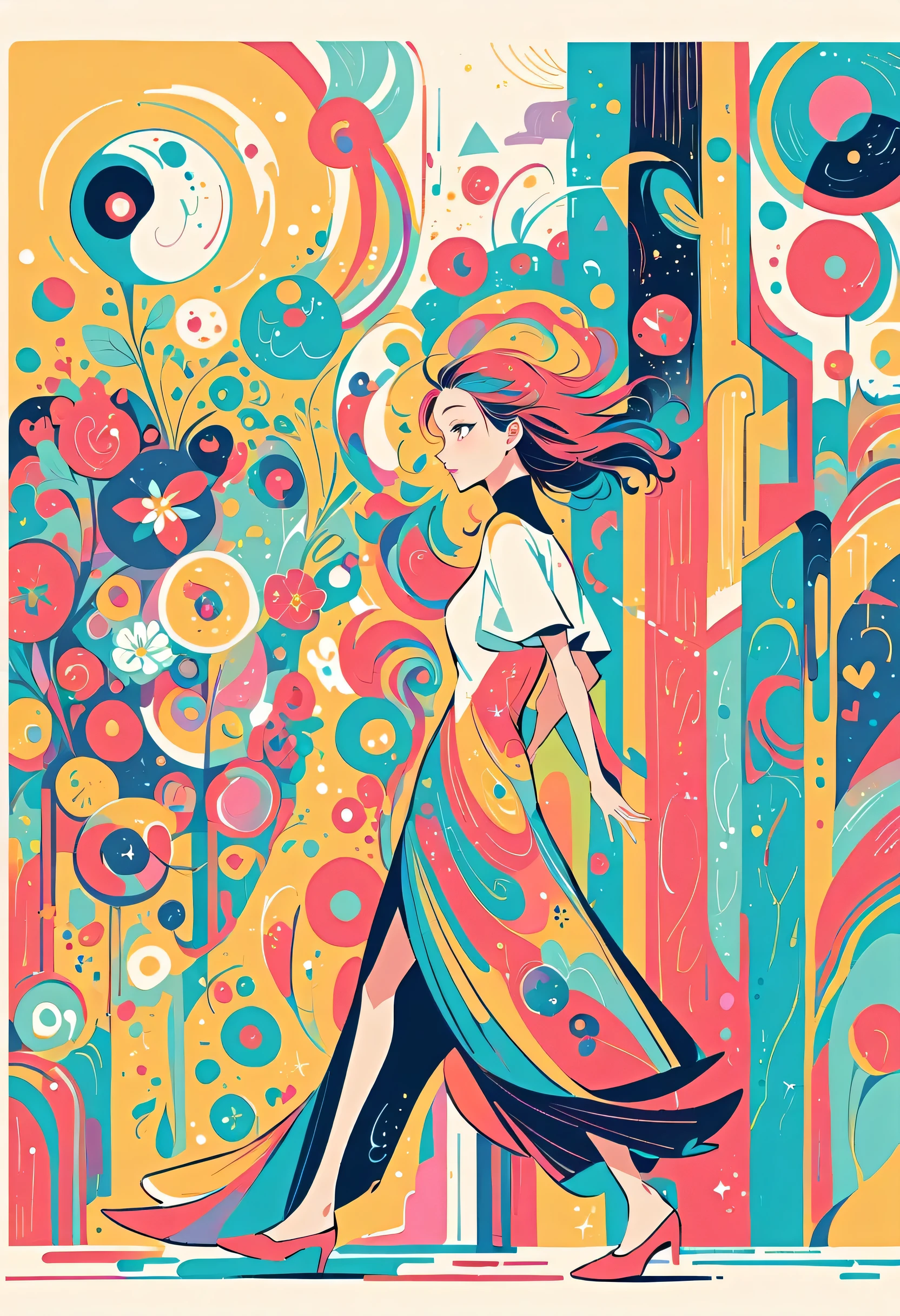 Takashi Murakami style, Standing in front of a high wall，Simple Line Initialism，Abstract art，Urban Background, (((The most beautiful girl))), Lips in Love, walking, colorful flowers