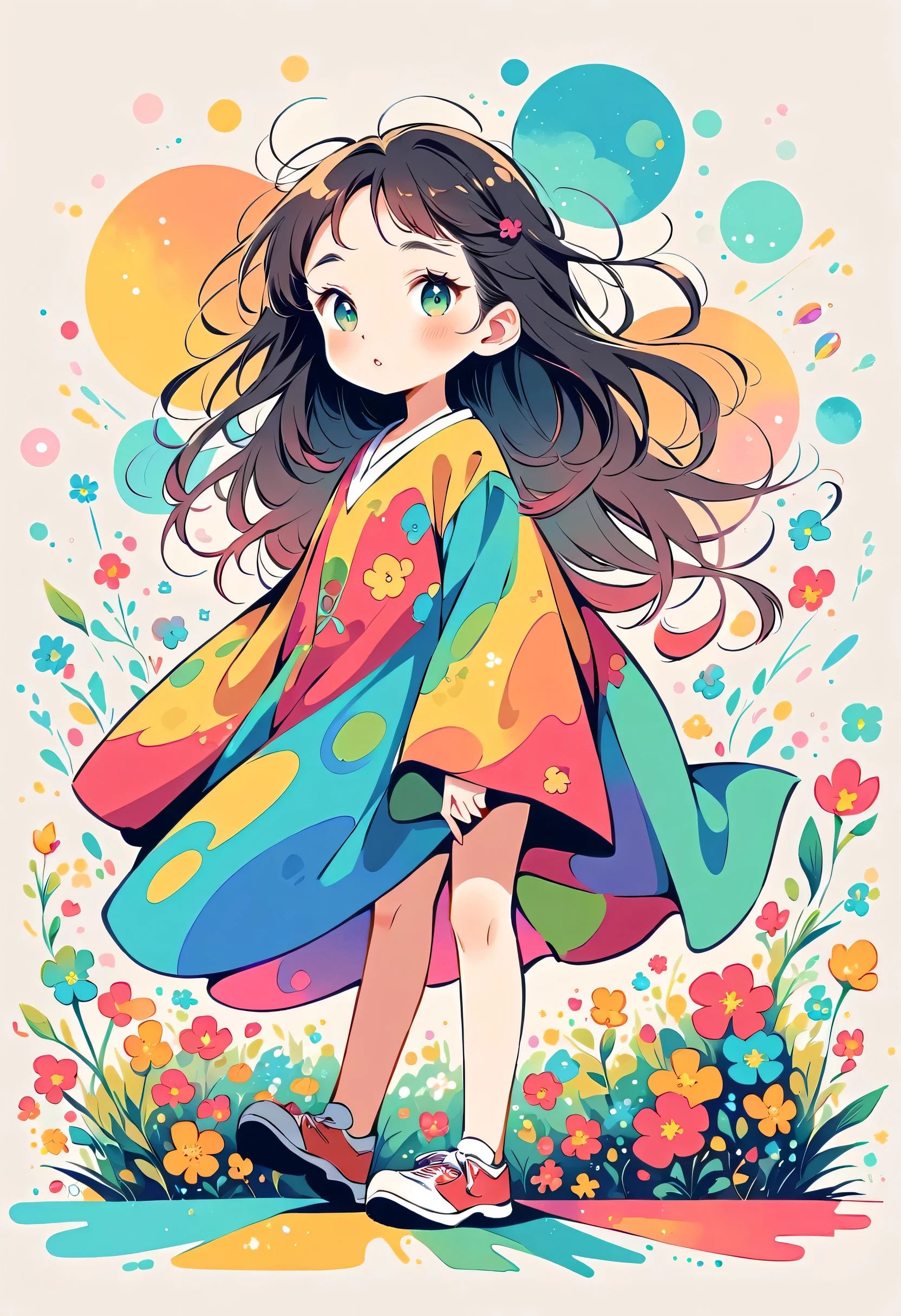 Takashi Murakami style, Standing in front of a high wall，Simple Line Initialism，Abstract art，Urban Background, (((The most beautiful girl))), Lips in Love, walking, colorful flowers