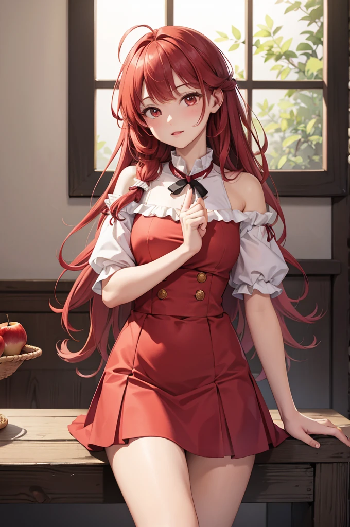 masterpiece、Soft Focus , Bright gradient watercolor、Tabletop, High resolution, 8k, Anime Women, Delicate and detailed writing 、Detailed digital illustration、high resolution, high quality、Detailed Background、Close-up photo、(((Two arms、Four fingers, One thumb)))、Detailed female face、(Accurate Fingerasterpiece:1.2)、highest quality、High resolution、unity 8k wallpaper、(figure:0.8)、Highly detailed face、Perfect lighting、Highly detailed CG、(Perfect hands、Perfect Anatomy)、
(Cowboy Shot:1.1)、One girl、stand、basket、knife、Red apples、Red dress、red hair ribbon、Red Cape、Red Shoes、Red Hair、absurdly long hair、drill hair、ahoge,red eyes、Big round eyes、Open your mouth、Red short skirt