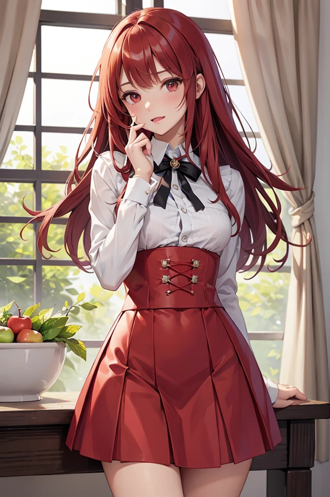 masterpiece、Soft Focus , Bright gradient watercolor、Tabletop, High resolution, 8k, Anime Women, Delicate and detailed writing 、Detailed digital illustration、high resolution, high quality、Detailed Background、Close-up photo、(((Two arms、Four fingers, One thumb)))、Detailed female face、(Accurate Fingerasterpiece:1.2)、highest quality、High resolution、unity 8k wallpaper、(figure:0.8)、Highly detailed face、Perfect lighting、Highly detailed CG、(Perfect hands、Perfect Anatomy)、
(Cowboy Shot:1.1)、One girl、stand、basket、knife、Red apples、Red dress、red hair ribbon、Red Cape、Red Shoes、Red Hair、absurdly long hair、drill hair、ahoge,red eyes、Big round eyes、Open your mouth、Red short skirt