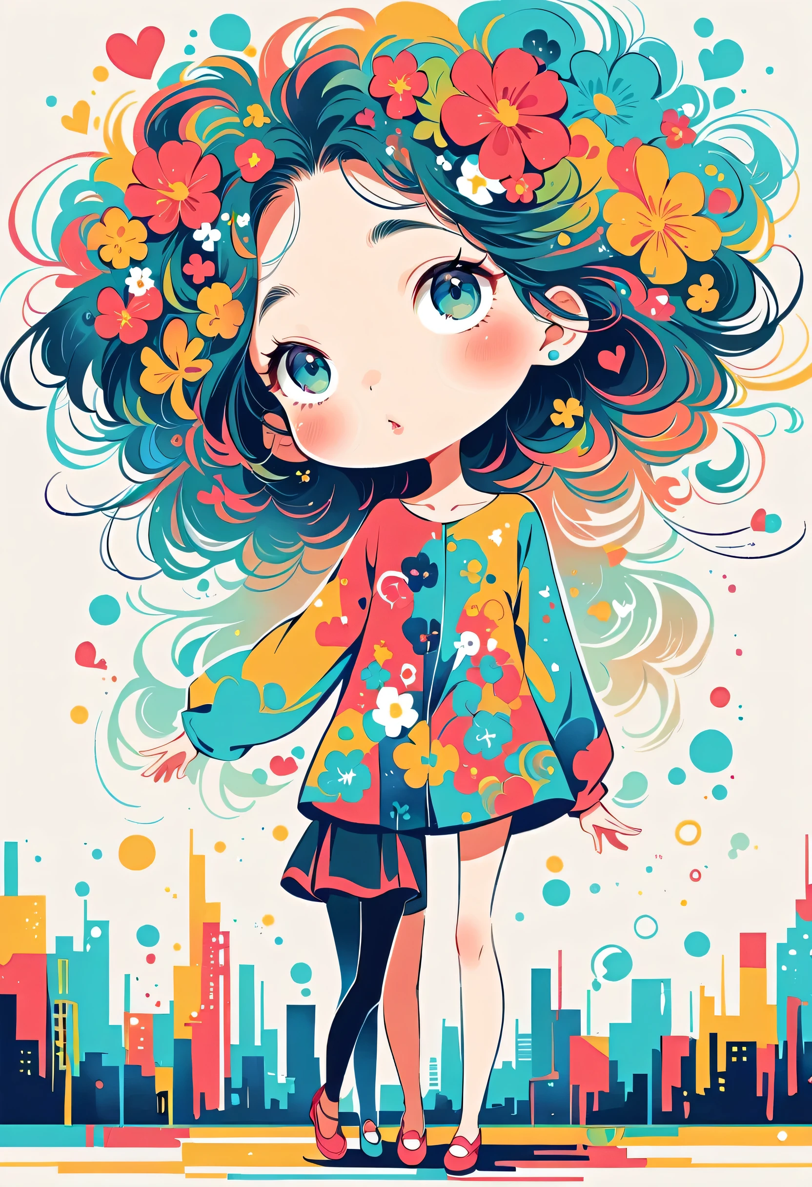 Takashi Murakami style, Standing in front of a high wall,Simple Line Initialism,Abstract art,Urban Background, (((The most beautiful girl))), Lips in Love, walking, colorful flowers