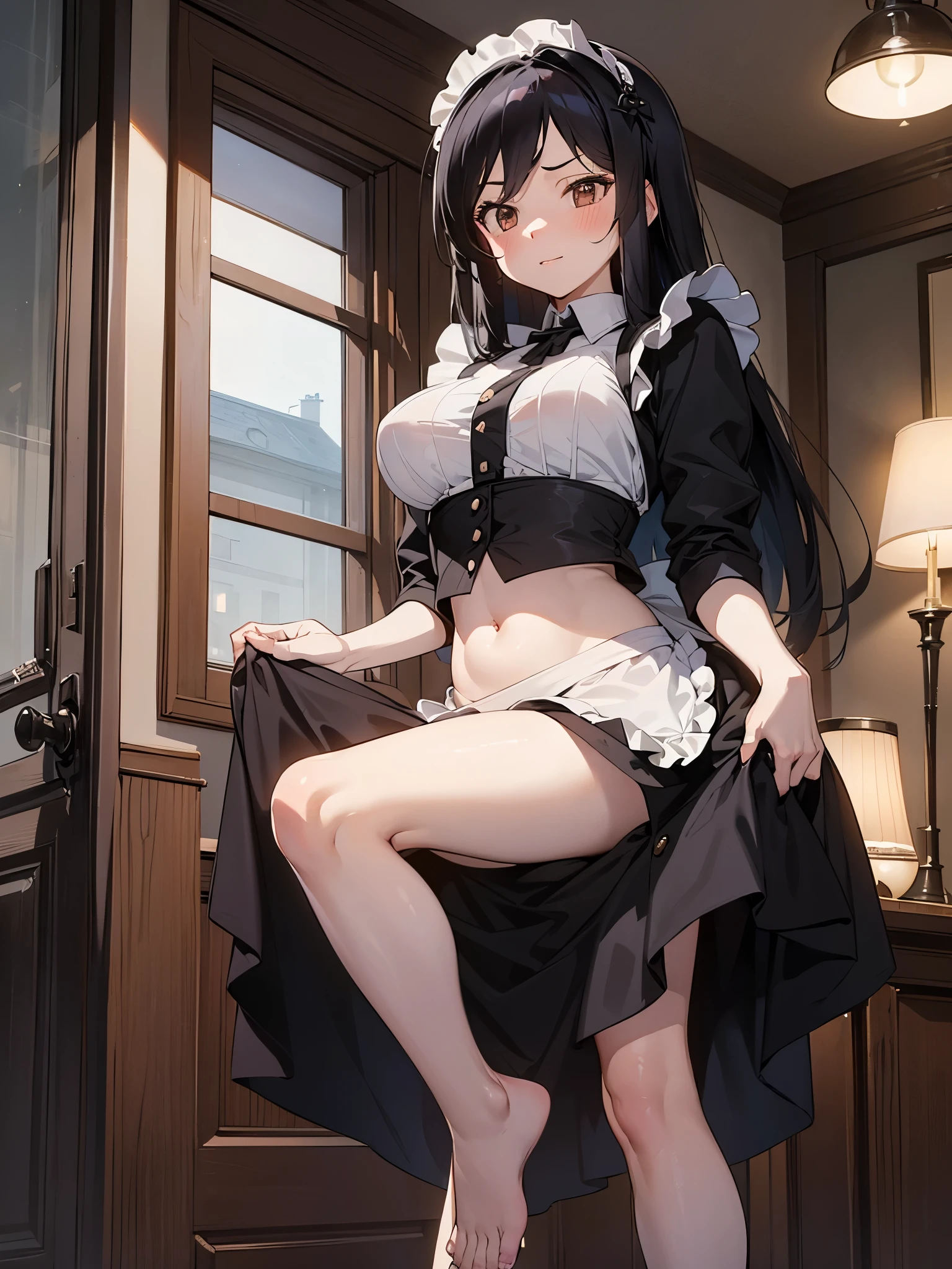 NSFW,One girl,(Maid clothes:1.3),(cropped:1.5),belly button,Micro Mini Skirt,Fishnet tights,Small breasts,(Perfect hands),(Perfect Anatomy),(masterpiece),(highest quality),Disgusting face,Embarrassed,blush,night,Mansion,Luxury Room,Office,Skirt Lift,Leg spread