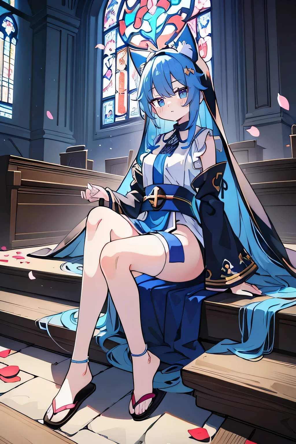 (masterpiece:1.2),Extremely detailed,Practical,expressive eyes,Fair skin,Perfect face shaping,1 Girl,
Japanese cartoons,Gorgeous blue hair, the long flowing blue hair,Floating clothes,Cat ears,Petals fall,beautiful lola,Young Angel,
Place your hands on your waist,sit elegantly on the ground,Cross your legs,Gentle and peaceful background,church,Nun&#39;s Clothes,back view,lie on the water. 