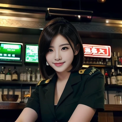 A woman in uniform stands in front of the bar., girl wearing uniform, military girl, ( Waiter ) girl, chinese girl, have short hair, Japanese model, attractive girl, korean girl, anime thai girl, wear restaurant uniform rr, anime girl in real life, Yanjun Chengt, perfect android girl, infantry girl, Xindong Chen, officer