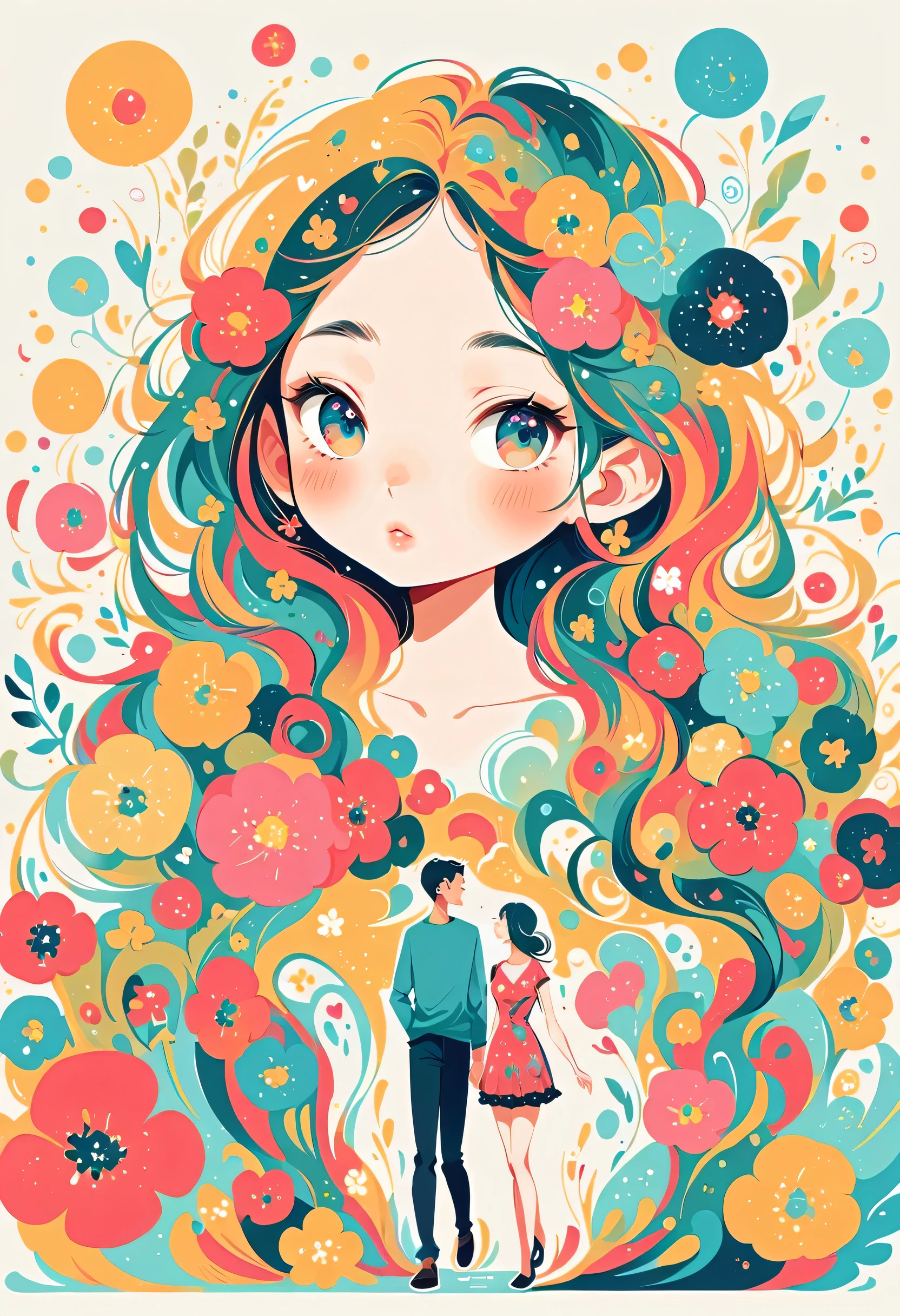 Takashi Murakami style, Standing in front of a high wall，Simple Line Initialism，Abstract art，Urban Background, (((The most beautiful girl))), Lips in Love, walking, colorful flowers