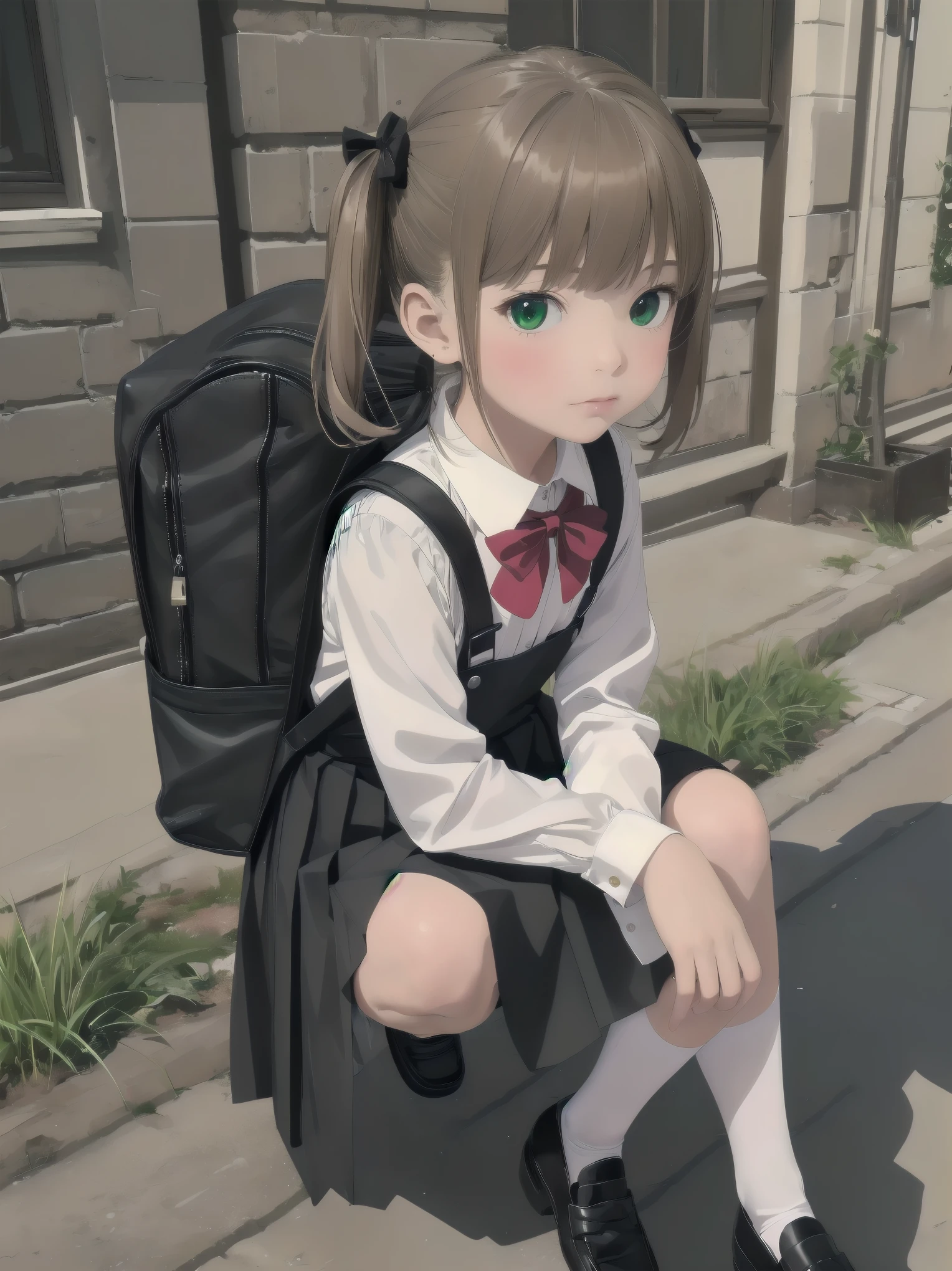 1girl,best quality,ultra-detailed,high resolution,(photorealistic, realistic, photo-realistic:1.2),(9 yo,flat chest),bangs,(smile:0.3),,shigure ui (vtuber),aged down,,backpack,bag,bangs,black dress,black footwear,blush,pom pom hair ornament,collared shirt,green eyes,kneehighs,light brown hair,loafers,long sleeves,pinafore dress,pleated dress,randoseru,red bow,,sleeveless dress,twintails,white legwear,white shirt,anime