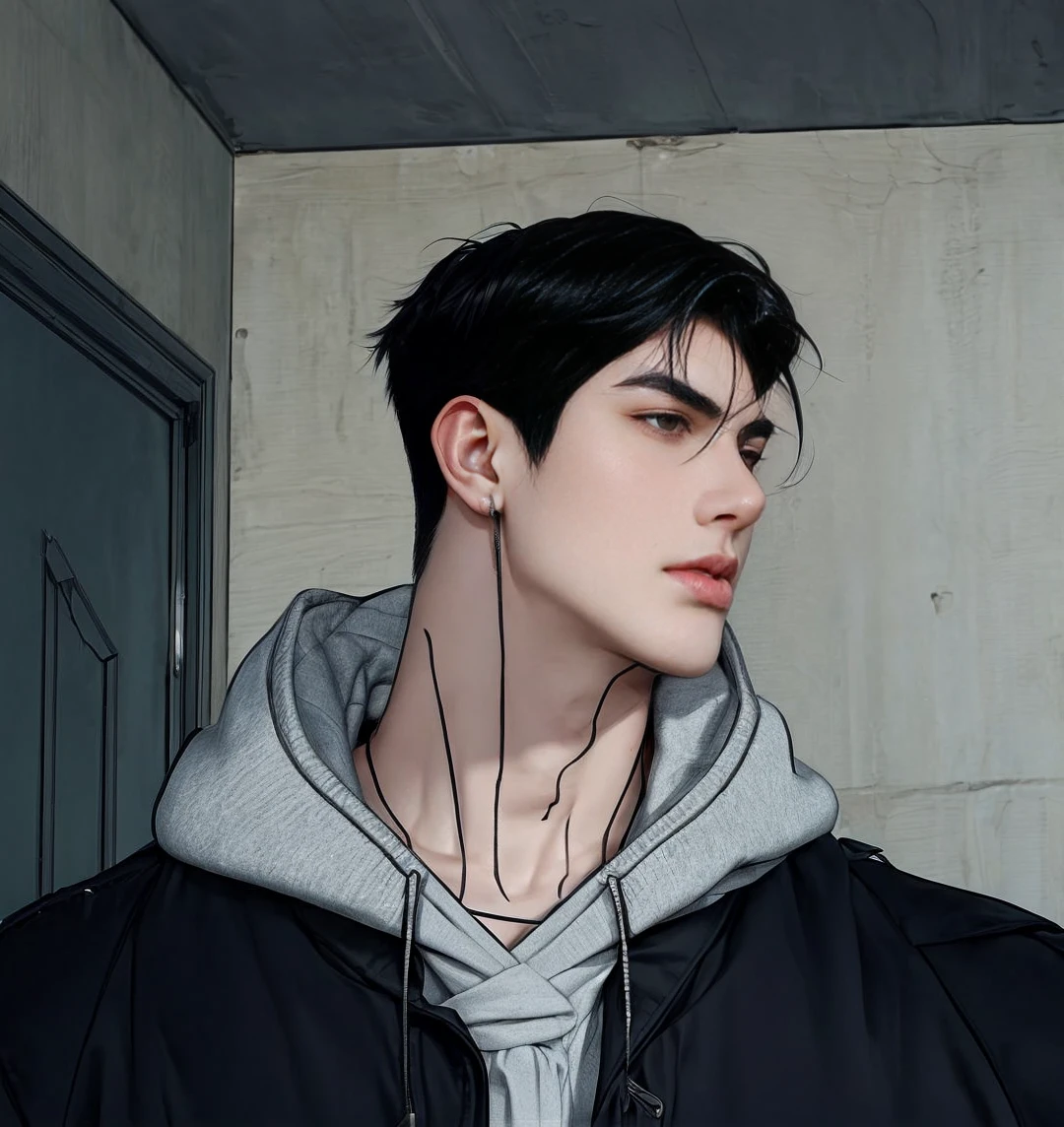 masterpiece, 1boy, young, handsome, black hair, undercut hair, perfect face, detailed eyes and face,black eyes, blazer, clean shaved, muscular, capturing a rural atmosphere, dynamic lighting, unreal engine 5