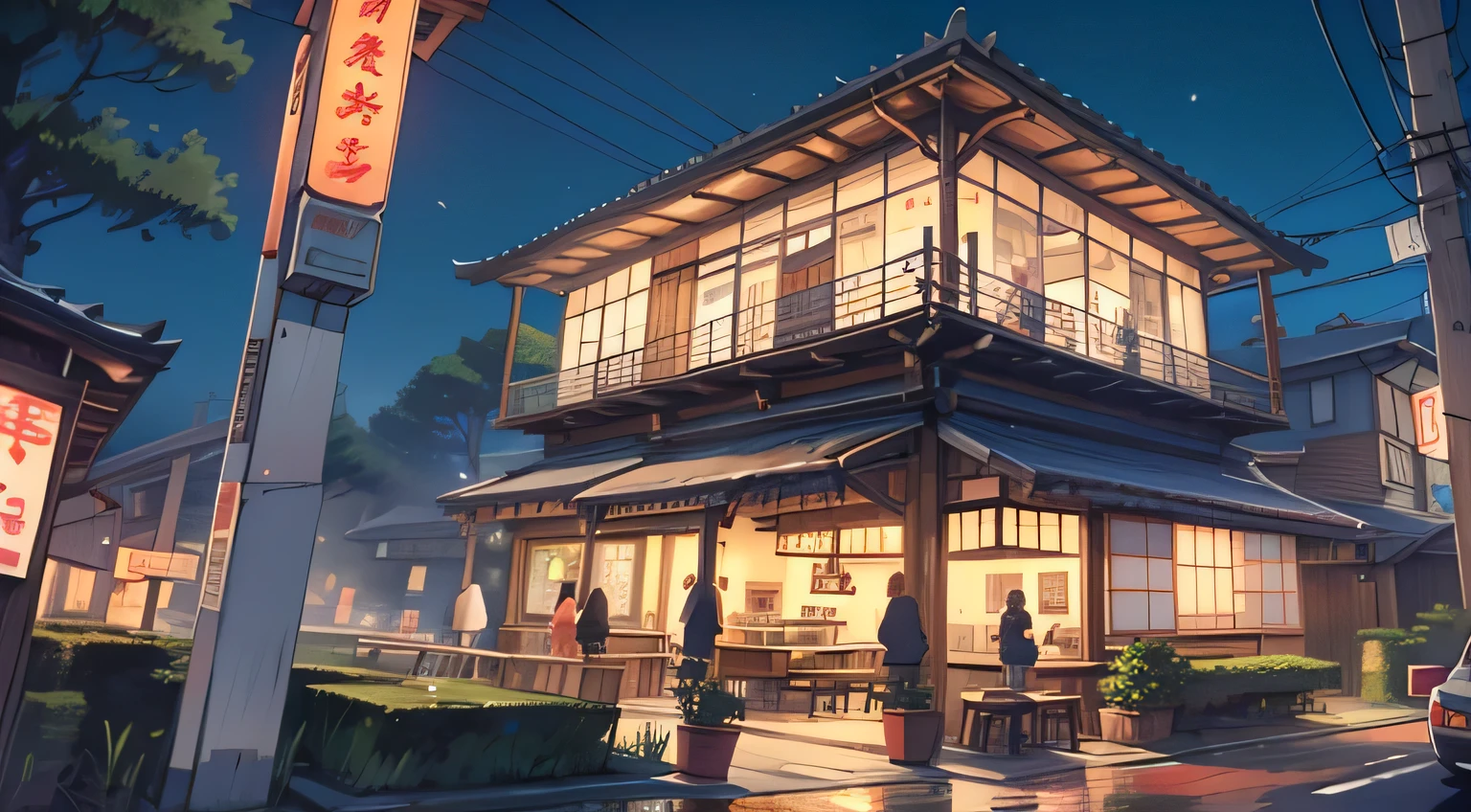 A Japanese restaurant with a neon sign and a cute mascot on the roof.with tree blossoms.at night . like minecraft