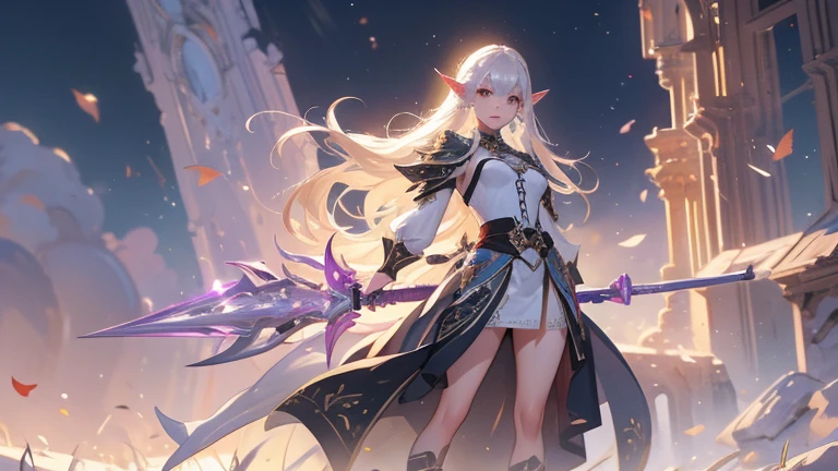(((masterpiece, best quality, high detailed, 4k))) Design a layout showcase Gaming character, (1girl). Purple|Black clothes, stylish and unique. ((showcase weapon:1.4)), holy majestic spear. (luminous lighting, atmospheric lighting). arcane elf, ((glove full hands)), revealing clothes, vambraces, armored legwear, full body shot. {In a mystical library}. (zentangle, mandala, fractal art:1.3), maxiskirt, dress conservatively, (elf:1.2), solo, full body, wide shot, standing with white boots, holding spear down, blunt bangs, hair between eyes, white hair, golden eyes, long hair, elf ears, Valkyrie white armor, angel, chest protector, side bang, looking at viewer, dynamic pose, art style by Artgerm, by Kawacy, by Wadim Kashin, BREAK, eyelashes, eyeshadow, pink eyeshadow.