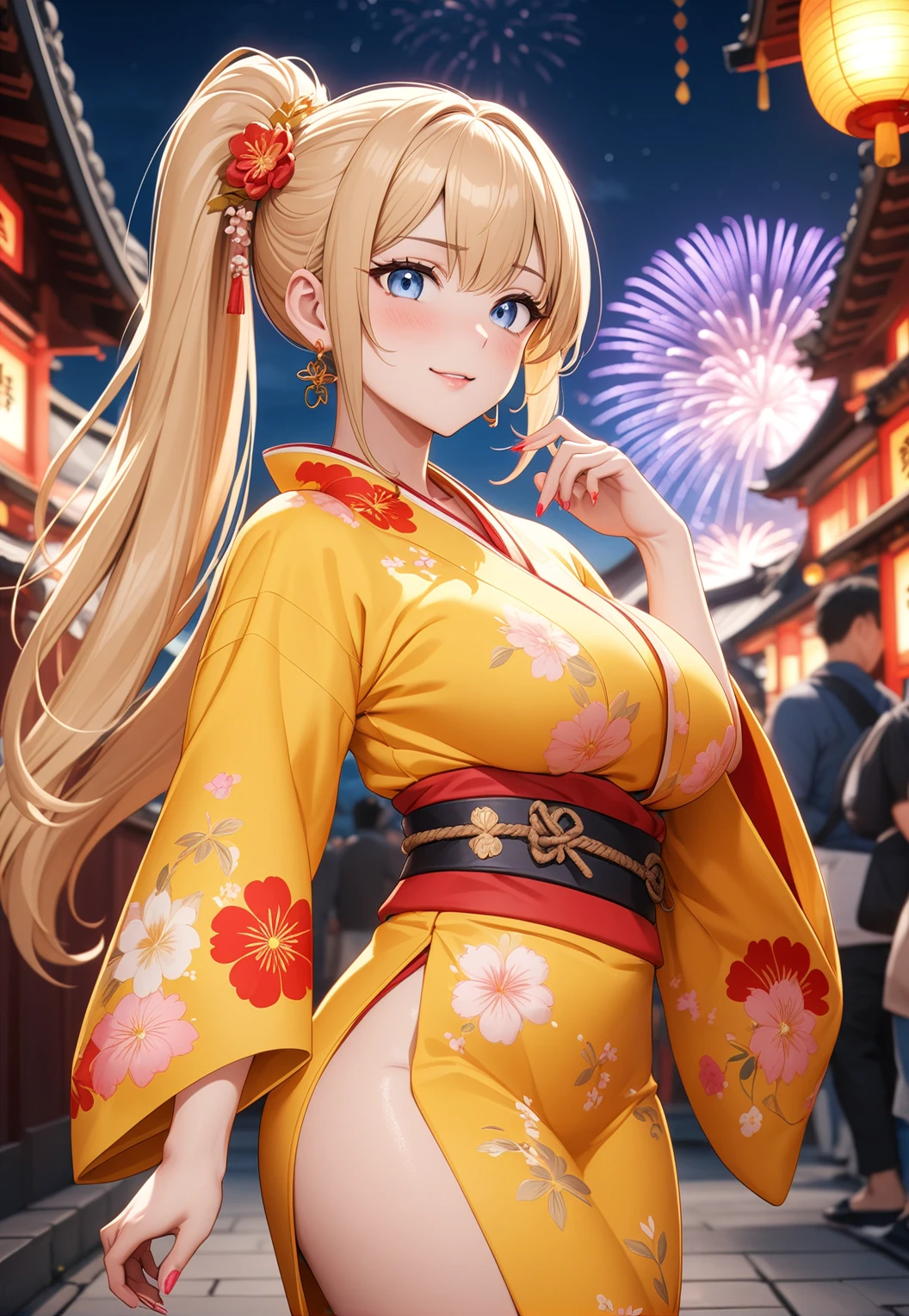 ((one personの女性)), Beautiful Face,Embarrassed and kind expression,Laugh embarrassedly,turn bright red,Glossy pink lips,night,Shrine festival sexpensives,firework, ((Anime style background)),masterpiece, highest quality, so beautiful, Latest, Complex details, (Pink long nails),AI-generated, Complex,High resolution, highest quality, super high quality,3D Images、View your viewers、3D Images,one person,Long Blonde Hair,High Ponytail,blue eyes,Anime woman posing for a photo, [[Fine grain、Colorful eyes、Shining Eyes:1.15]],(Squint your eyes:1.1),a hyperRealistic , hyperRealistic , Realistic,Blonde anime woman with long hair, Smooth anime CG art, A woman in a colorful kimono with gold embroidery, (Yellow kimono),Red floral pattern,Long flower hair ornament,Big earrings,(Big Breasts:1.2),Mature Body,expensive,Big Ass,Fine details,Tight waist,Abdominal muscles,Shooting at an angle,Show off your buttocks,