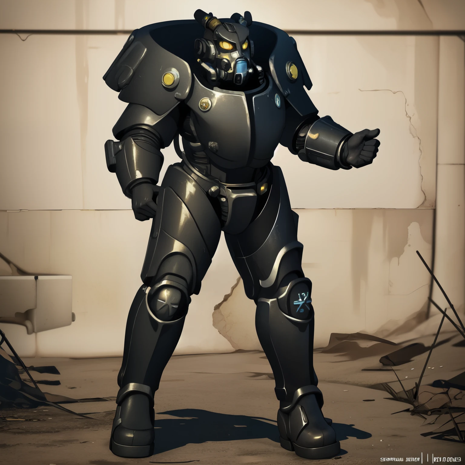 (Masterpiece, top quality), (detailed hair), super detailed, full body, solo, anime style, girl clad in x-01 power armor, yellow eye, black hair, huge limbs, held high-tech guns, digital painting, 8K hi-resolution, trending art station, white background, whole body, standing wasteland