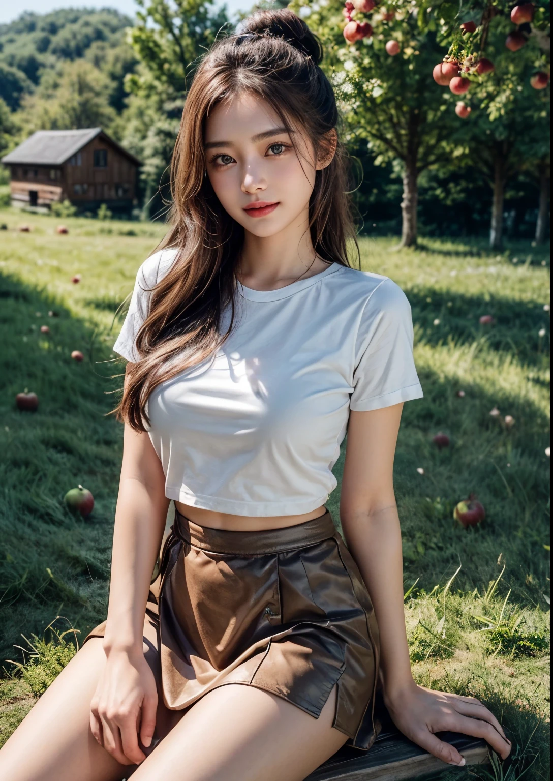 a beautiful Korean girl, 1girl, 20 years girl, long hair, blue eyes, cute expression, beautiful Switzerland houses, green fields, farming lands, river, beautiful bridges, cows, (beautiful timber houses and roads in background), beautiful homes, hair bun, flower on hair, (both-knees-erect sitting on green grass field), (pink beautiful bicycle in background), golden sunlight, detailed face, elegant pose, beautiful scenery, vibrant colors, cinematic lighting, photorealistic, extremely detailed, 8k, (best quality,4k,8k,highres,masterpiece:1.2),ultra-detailed,(realistic,photorealistic,photo-realistic:1.37), beautiful face, realistic face, realistic skin, realistic smile, realistic atmosphere, every thing is realistic, cutest smile, realistic body, realistic body language, mouth watering beauty, bright skin, full body shot, cute face, stylish look, stylish angles, matte red t-shirt with above knee length soft thin fabric Mattie pink skirt, (navel), tempting eyes, (only one apple tree in background and full of apples on that tree), rose flower bunch,