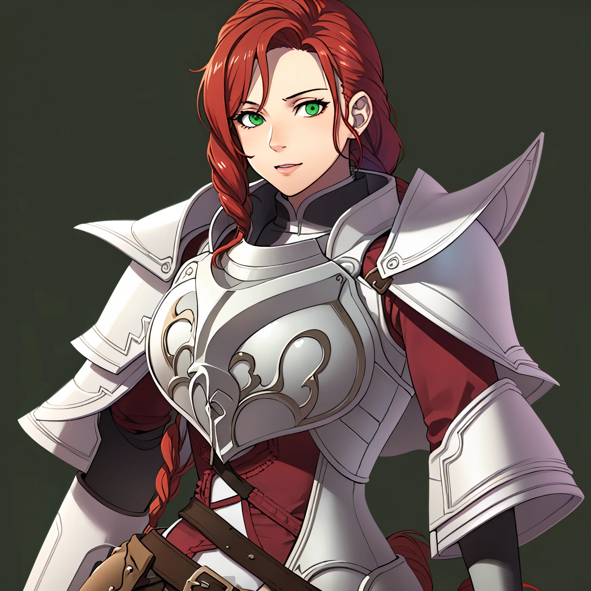 (Simple Background, Green Background:1.3), Masterpiece, solo, 1girl, upper body, titania, braided ponytail, armor, red dress, belt, gauntlets, gloves, armored boots