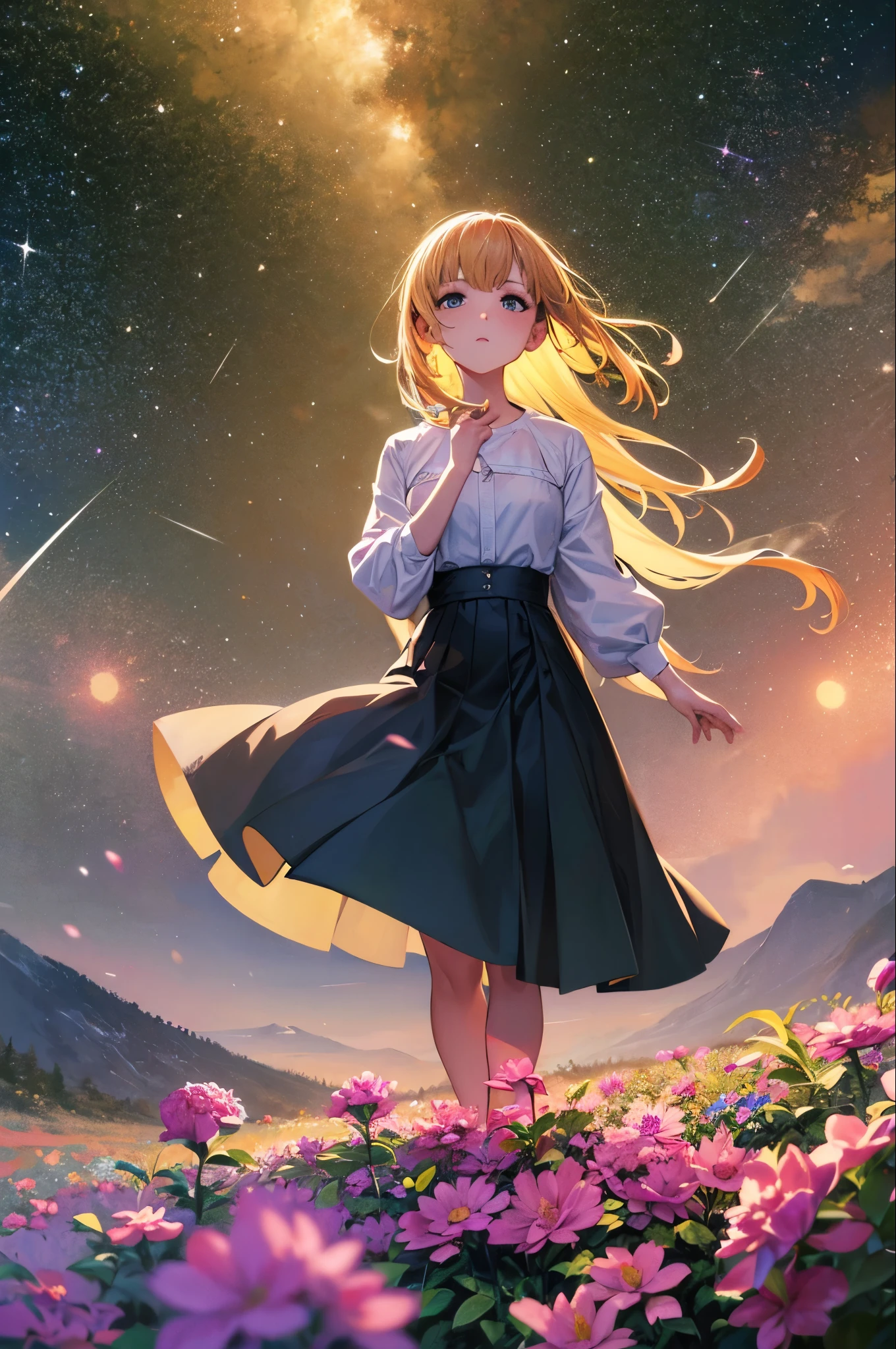Close-up shot, Anime Girls , Stand on land,Night view ,Many stars shining in the night sky,milky way ,Colorful flowers,Headshot closeup, Oil painting style, Very clear oil painting brushstrokes, Impressionist palette style, 32k uhd, beautiful, tomorrow, past, Color manga --ar 3:4 --