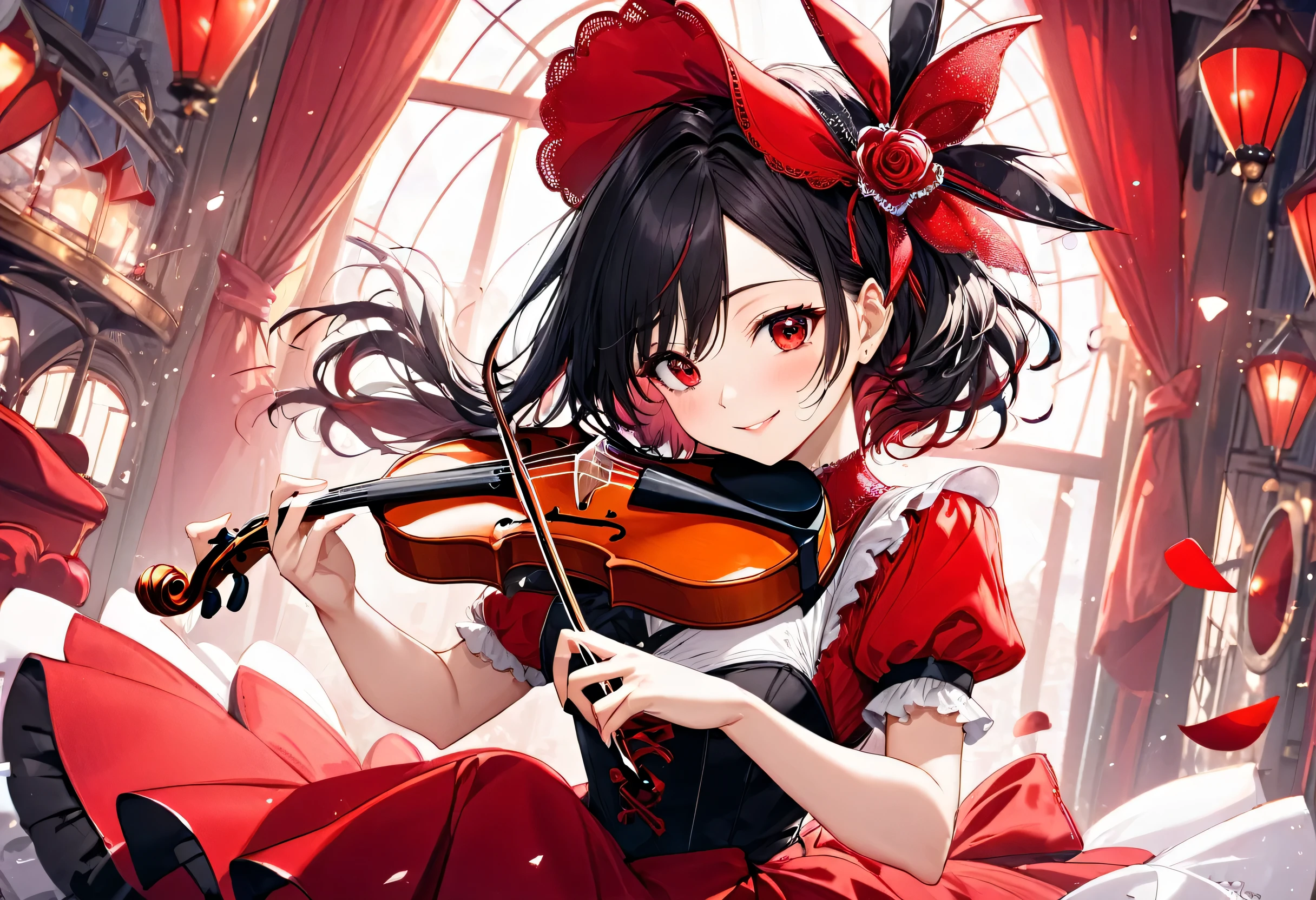 (red color style) (in the Moulin rouge) (background is Red Windmill), (solo straight black hair long hair cute femdom Violinist girl, beautiful red eyes, immensely cute make-up, love smile, big tits), break, (A passionate performer Playing the violin), (Beautiful tone), BREAK, perfect ???????, masterpiece, best quality, 16k, beautiful detailed grow, daydreaming expression.