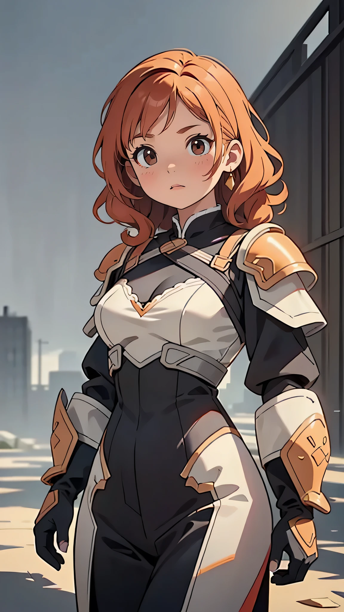 Beautiful woman, Orange eyes, (Blushing your nose), Fine grain, Cinematic, Painted by Greg Rutkowski, Yoji Shinkawa: 0.6. Long Curly Orange Hair, defined body, Wearing elaborate Victorian-era armor (((Super strong)), masterpiece, highest quality, Super detailed, ground, destroyed city background, Shadow, Contrast, Grey Sky, style (View the viewer: 1.2) (Skin Texture) (Film Grain: 1.3), Ultra-high resolution, Octane Rendering, 16k