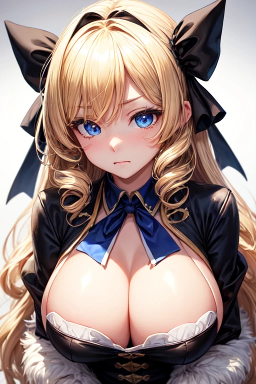 Black ribbon around neck、Narrow, raised eyes、Blue Eyes、Long eyelashes、Long blonde curly hair、Long face、Pointed chin、Big Breasts、A determined face、High nose、Lady、anime、Masturbation