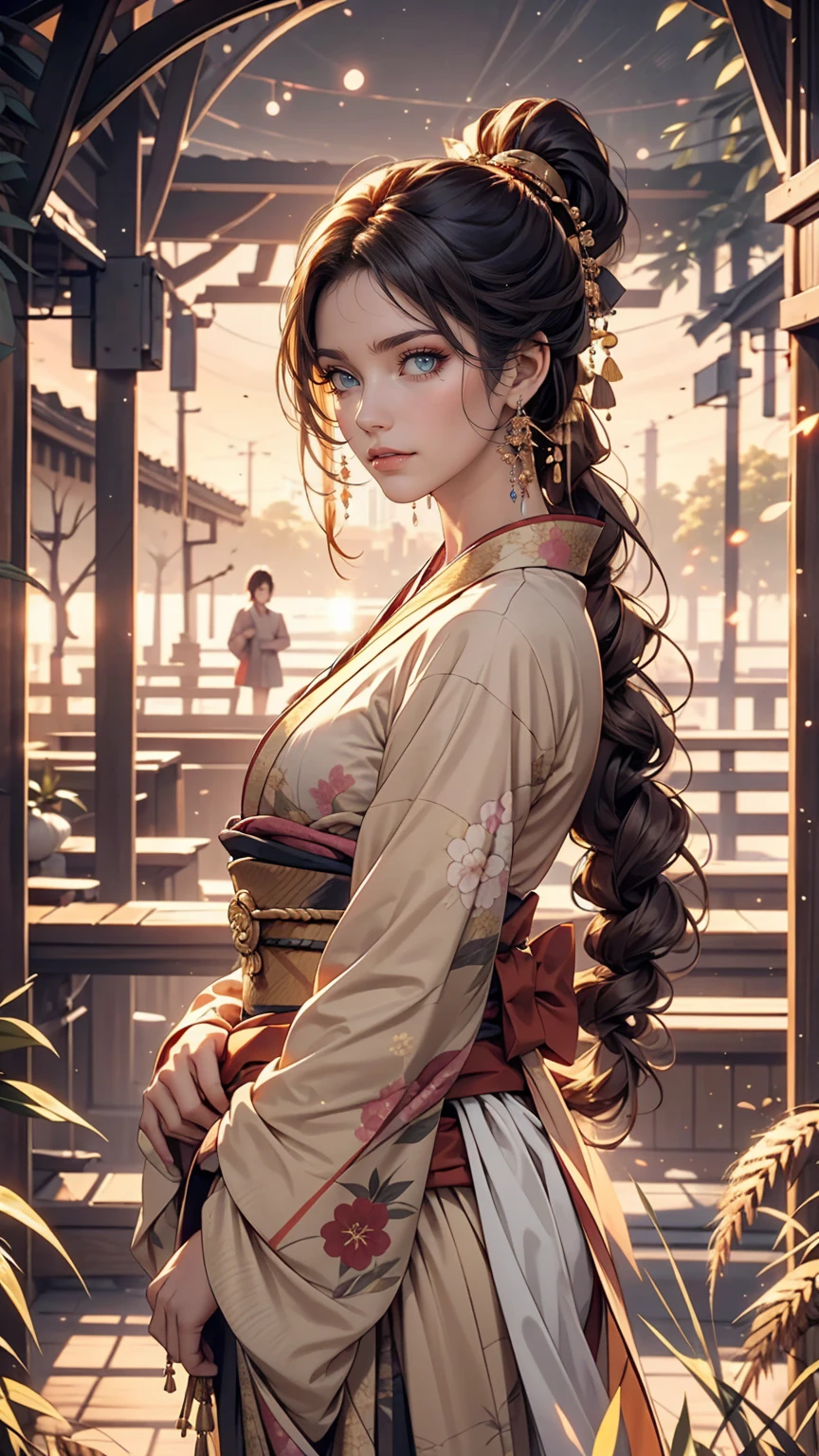 A girl in a kimono stands expressionless in a wheat field up to her waist, Black kimono with gold rimming, her hair is tied in a ponytail, Yellow Eyes, The sunset in her eyes, The light hits her face, Half landscape orientation to the camera