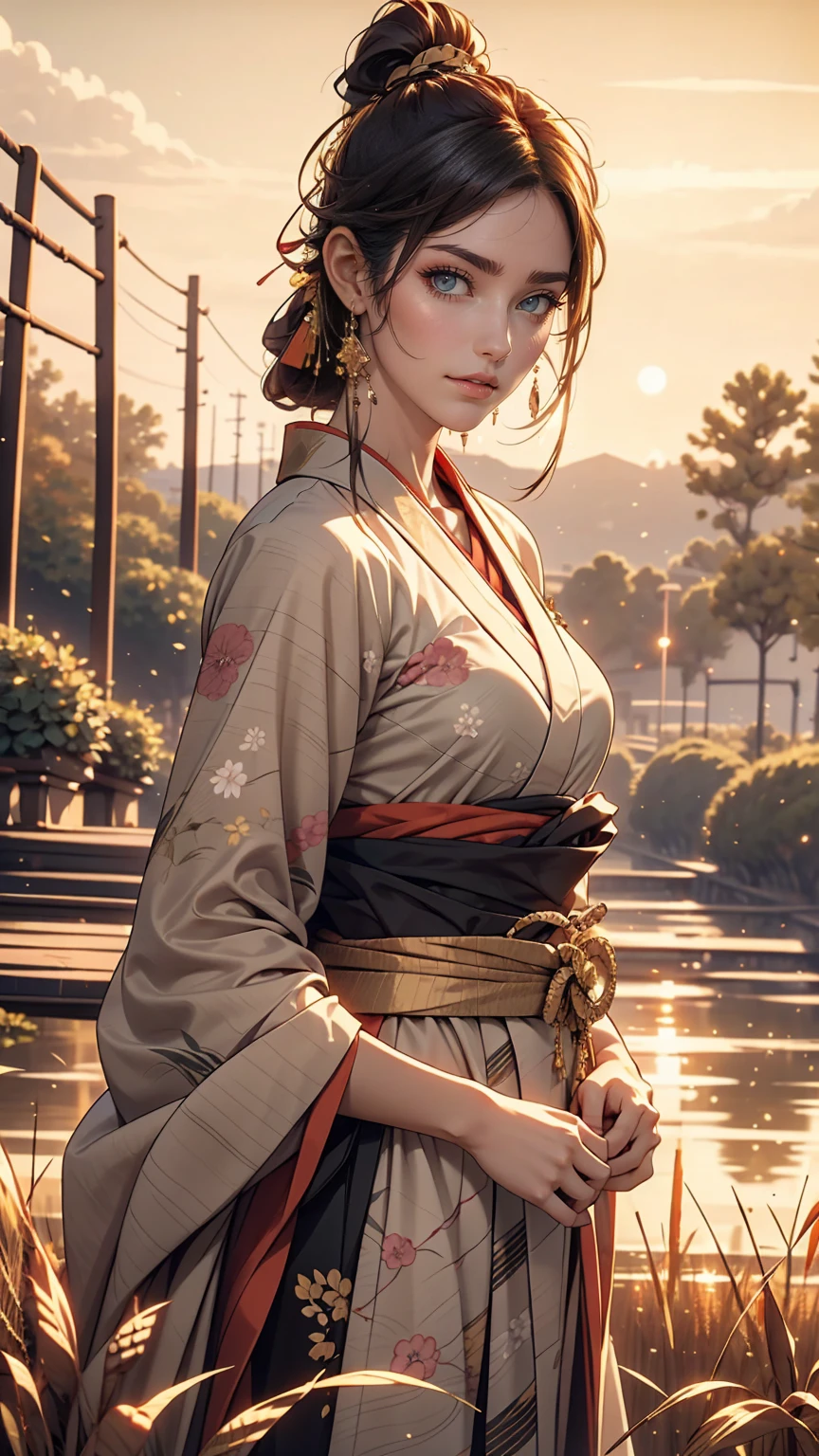 A girl in a kimono stands expressionless in a wheat field up to her waist, Black kimono with gold rimming, her hair is tied in a ponytail, Yellow Eyes, The sunset in her eyes, The light hits her face, Half landscape orientation to the camera