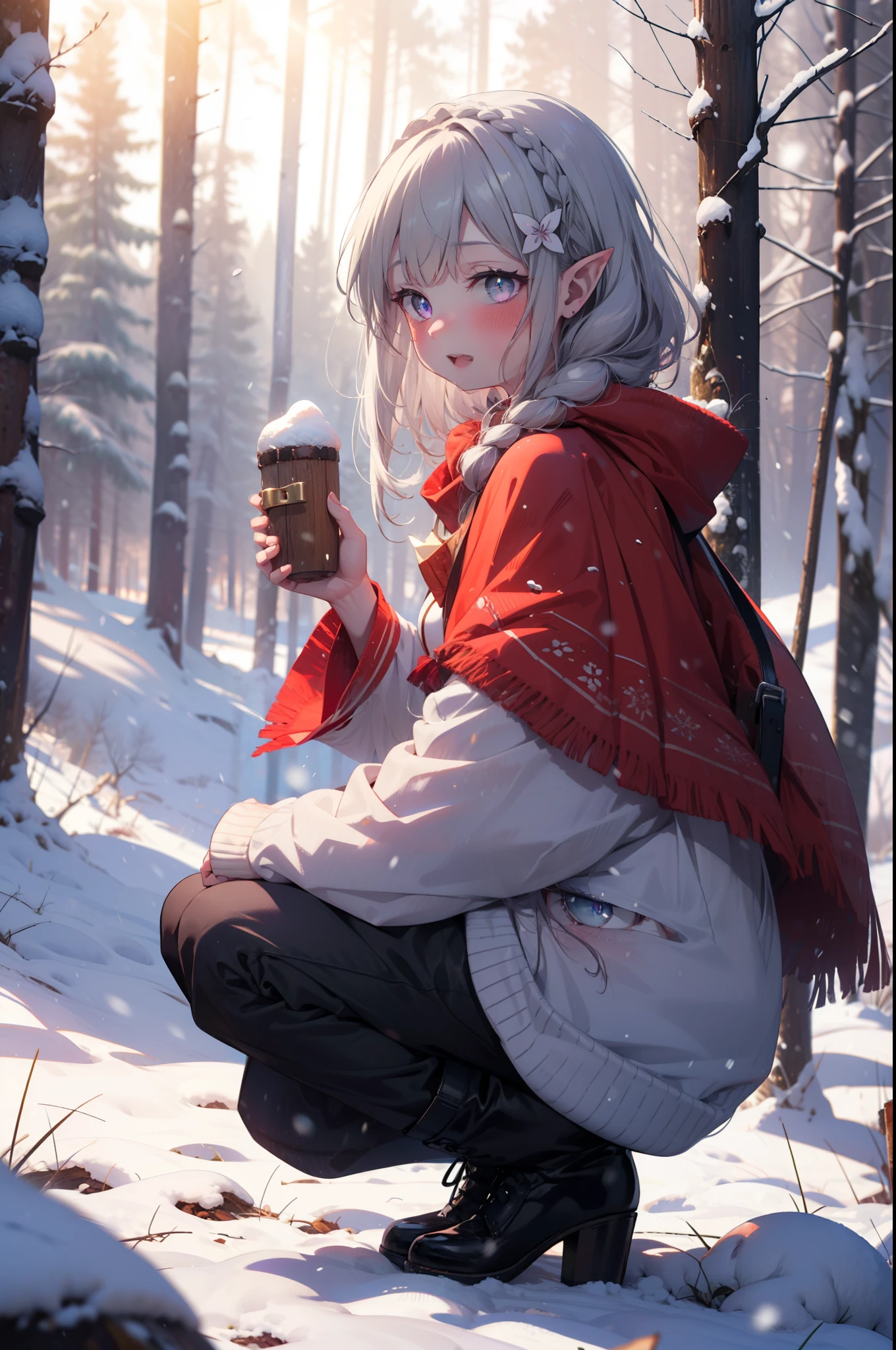 Emilia, Braiding, crown Braiding, flower, hair flower, hair ornaments, Hair Ribbon, Long Hair, Pointy Ears, (Purple eyes:1.2), Gray Hair, x hair ornaments,smile,blush,White Breath,
Open your mouth,snow,Ground bonfire, Outdoor, boots, snowing, From the side, wood, suitcase, Cape, Blurred, having meal, forest, White handbag, nature,  Squat, Mouth closed, Cape, winter, Written boundary depth, Black shoes, red Cape break looking at viewer, Upper Body, whole body, break Outdoor, forest, nature, break (masterpiece:1.2), highest quality, High resolution, unity 8k wallpaper, (shape:0.8), (Beautiful and beautiful eyes:1.6), Highly detailed face, Perfect lighting, Extremely detailed CG, (Perfect hands, Perfect Anatomy),