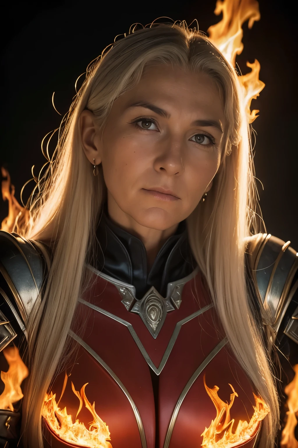 (((Cinematic heavy metal poster))) of Rhaenys Targaryen, (((old woman, 60 years old))) , wearing a Red armor. Gothic style, (a detailed RAW photo of a ), (master part:1.0), (best quality:1.4), (Ultra Highres:1.2), (photorealistic:1.4), 8K resolution, Canon EOS R5, 50 millimeters, Absurd, Ultra Detailed, sharp focus, Cinematic lighting, detailed face, (ULZZANG-6500-V1.1), detailed skin texture, pale skin, chest round, (pale :0.5), Cinematic lighting. (((Abstract flames background)))