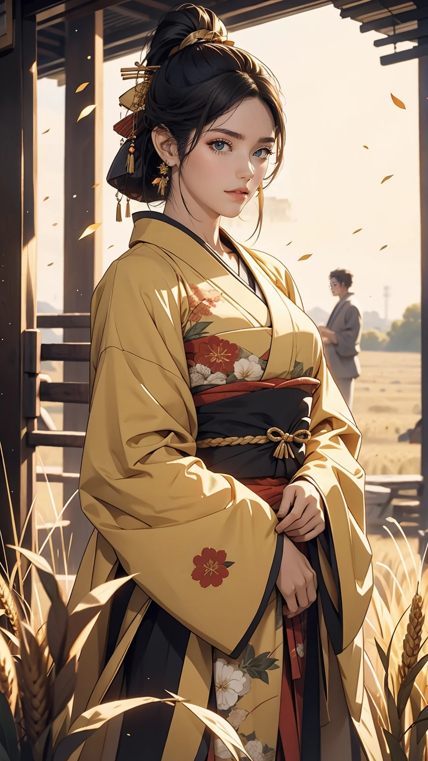 A girl in a kimono stands expressionless in a wheat field up to her waist, Black kimono with gold rimming, her hair is tied in a ponytail, Yellow Eyes, The sunset in her eyes, The light hits her face, Half landscape orientation to the camera