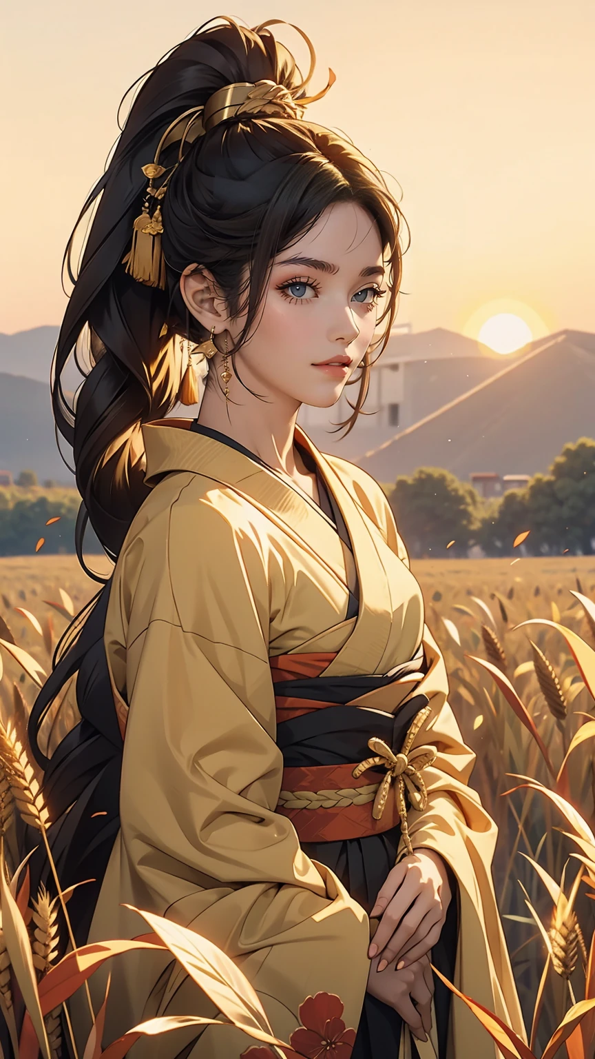 A girl in a kimono stands expressionless in a wheat field up to her waist, Black kimono with gold rimming, her hair is tied in a ponytail, Yellow Eyes, The sunset in her eyes, The light hits her face, Half landscape orientation to the camera