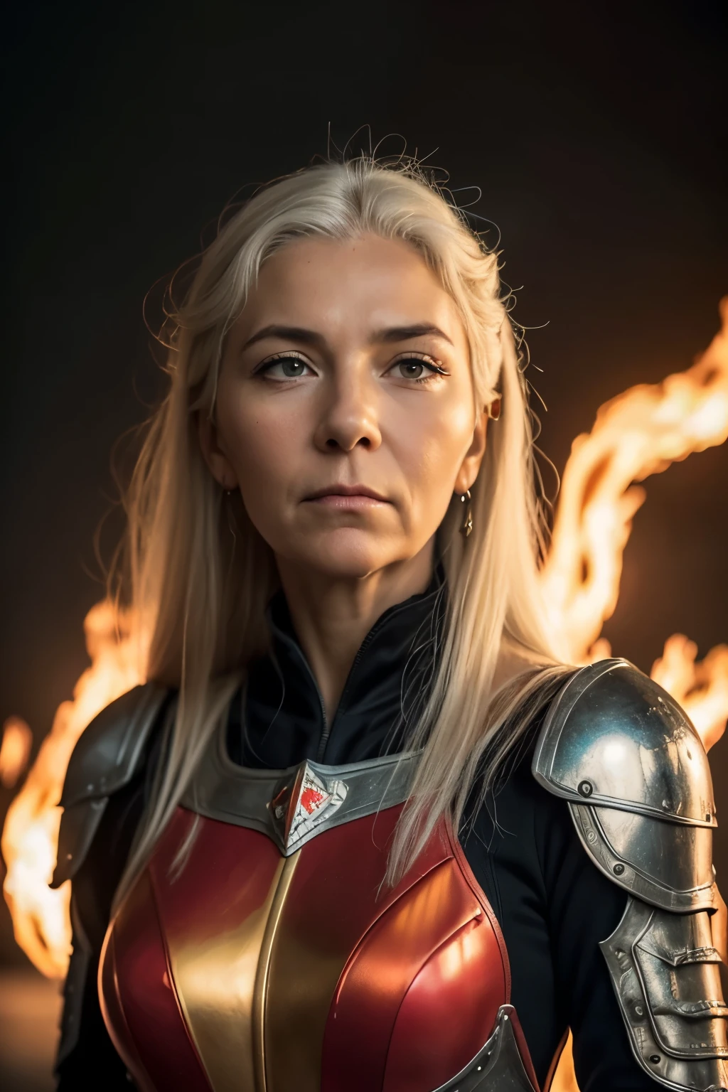 (((Cinematic heavy metal poster))) of Rhaenys Targaryen, (((old woman, 60 years old))) , wearing a Red armor. Gothic style,  (a detailed RAW photo of a ), (master part:1.0), (best quality:1.4), (Ultra Highres:1.2), (photorealistic:1.4), 8K resolution, Canon EOS R5, 50 millimeters, Absurd, Ultra Detailed, sharp focus, Cinematic lighting, detailed face,  (ULZZANG-6500-V1.1), detailed skin texture, pale skin, chest round, (pale :0.5), Cinematic lighting. (((Abstract flames background)))