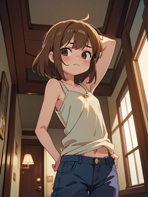 ((masterpiece)), (anime:1.5), ((Best quality)), (Raw photo:1.2), (a high resolution:1.3), (professional photography:1.2), (From below), 1 Girl, ((12 years)), (very smug), Upper body, I look at the viewer, (loose camisole), o-ring, naked weapon, unruly hair, Medium hair, ((pull up your pants)), soldier badge, pale brown hair, (small breasts), cute thigh, (Beautiful pose), ((inside a dimly lit hotel corridor)),