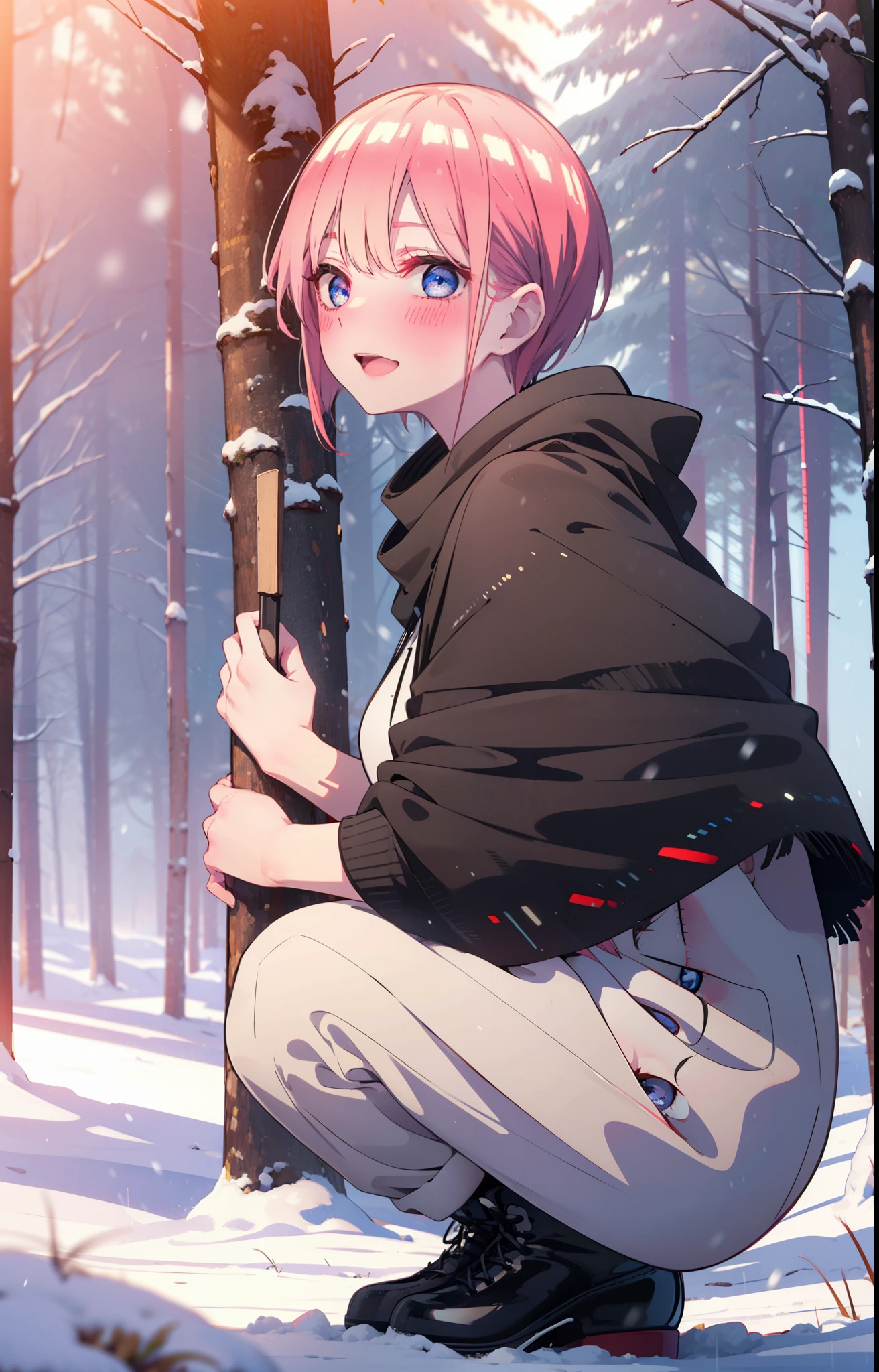 ichikanakano, ichika nakano, short hair, bangs, blue eyes, Hair between the eyes, smile,Pink Hair,smile,blush,White Breath,Big Breasts,
Open your mouth,snow,Ground bonfire, Outdoor, boots, snowing, From the side, wood, suitcase, Cape, Blurred, Increase your meals, forest, White handbag, nature,  Squat, Mouth closed, フードed Cape, winter, Written boundary depth, Black shoes, red Cape break looking at viewer, Upper Body, whole body, break Outdoor, forest, nature, break (masterpiece:1.2), highest quality, High resolution, unity 8k wallpaper, (shape:0.8), (Beautiful and beautiful eyes:1.6), Highly detailed face, Perfect lighting, Highly detailed CG, (Perfect hands, Perfect Anatomy),