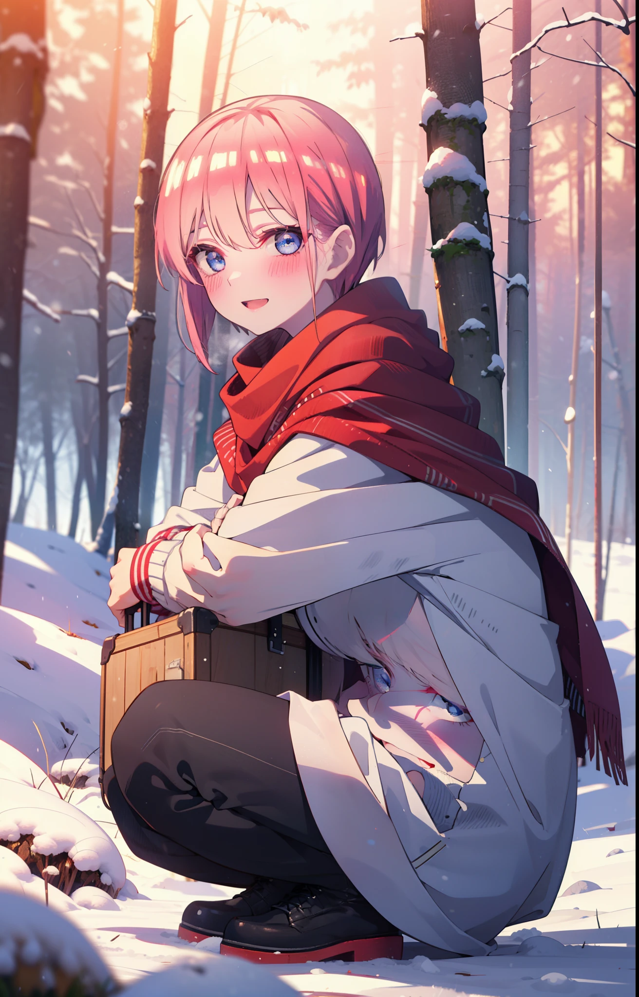 ichikanakano, ichika nakano, short hair, bangs, blue eyes, Hair between the eyes, smile,Pink Hair,smile,blush,White Breath,Big Breasts,
Open your mouth,snow,Ground bonfire, Outdoor, boots, snowing, From the side, wood, suitcase, Cape, Blurred, Increase your meals, forest, White handbag, nature, Squat, Mouth closed, フードed Cape, winter, Written boundary depth, Black shoes, red Cape break looking at viewer, Upper Body, whole body, break Outdoor, forest, nature, break (masterpiece:1.2), highest quality, High resolution, unity 8k wallpaper, (shape:0.8), (Beautiful and beautiful eyes:1.6), Highly detailed face, Perfect lighting, Highly detailed CG, (Perfect hands, Perfect Anatomy),