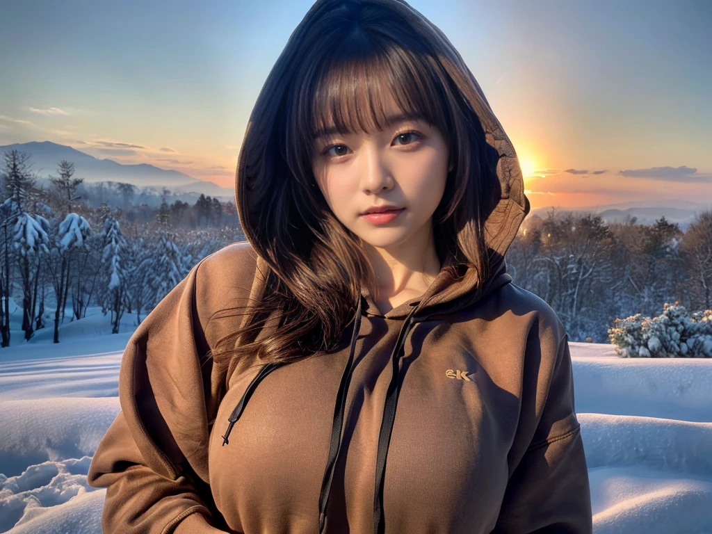 ((top-quality、8K、masterpiece:1.3))、1girl in、Beautiful woman standing on snowy mountain:1.3、(brown long-haired、Colossal tits:1.4)、(Big Silhouette M51 Field Hoodie:1.5)、Super delicate face、Delicat eyes、double eyelid、Close-up of upper body from below、Sunset、