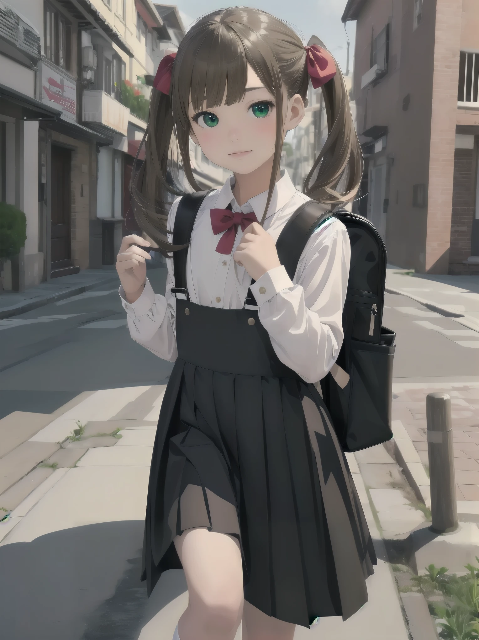 1girl,best quality,ultra-detailed,high resolution,(photorealistic, realistic, photo-realistic:1.2),(9 yo,flat chest),bangs,(smile:0.3),,shigure ui (vtuber),aged down,,backpack,bag,bangs,black dress,black footwear,blush,pom pom hair ornament,collared shirt,green eyes,kneehighs,light brown hair,loafers,long sleeves,pinafore dress,pleated dress,randoseru,red bow,,sleeveless dress,twintails,white legwear,white shirt,anime