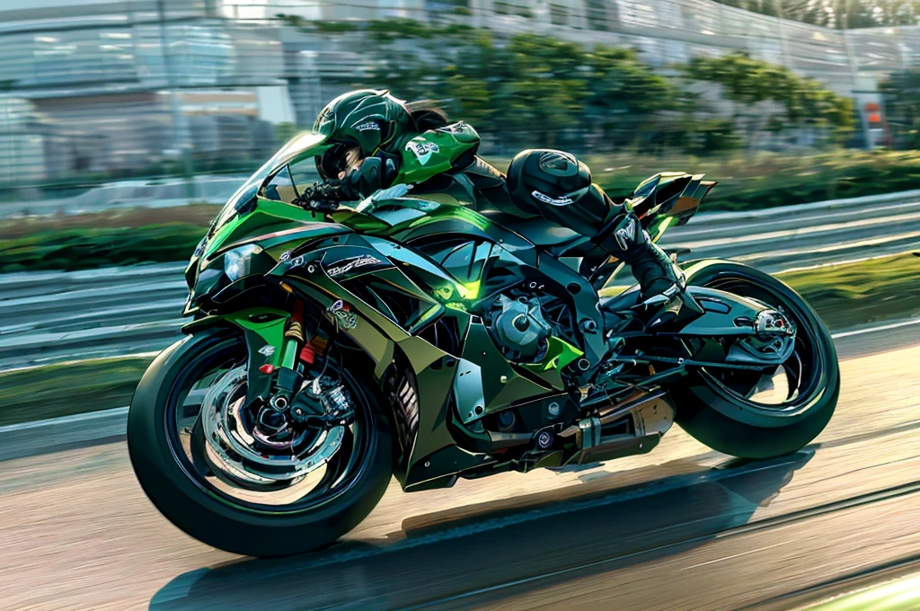 highest quality, 8k, High resolution, masterpiece, (Portraiture: 0.6), Kawasaki motorcycles racing through the city at high speeds,(Slow motion:1.3),(Motion Blur:1.3),(Speed Line:1.4),Speed,One girl, Black Hair, Medium Hair, (Wicked Smile: 1.3), (Audience: 1.3), (Bokeh), 18-year-old