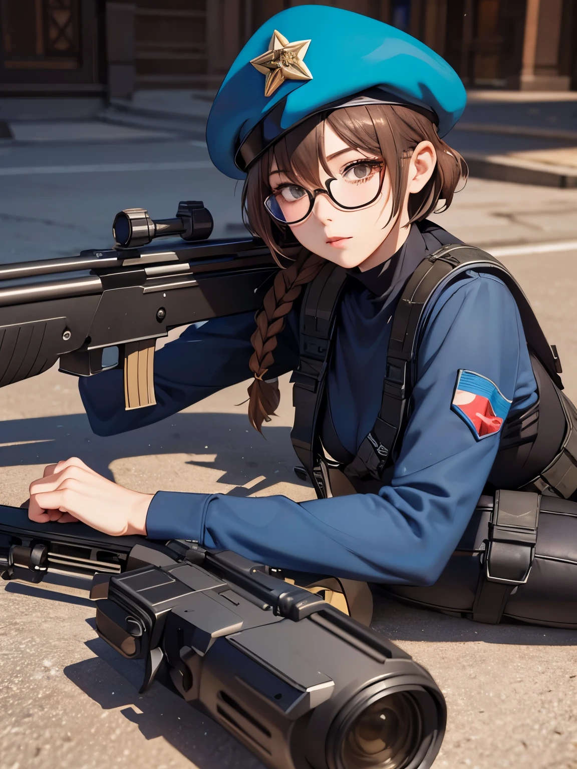masterpiece,super high quality, Very detailed,Perfect drawing,CG,3D,8k,shape,Beautiful face girl,Beautiful girl,Black bodysuit　soldier　female　skinny　short hair　Gun Holster　goggles　battlefield bandana sniper lying down、Glasses、Braided short hair、Shiny Costumes、sniper rifle、beret