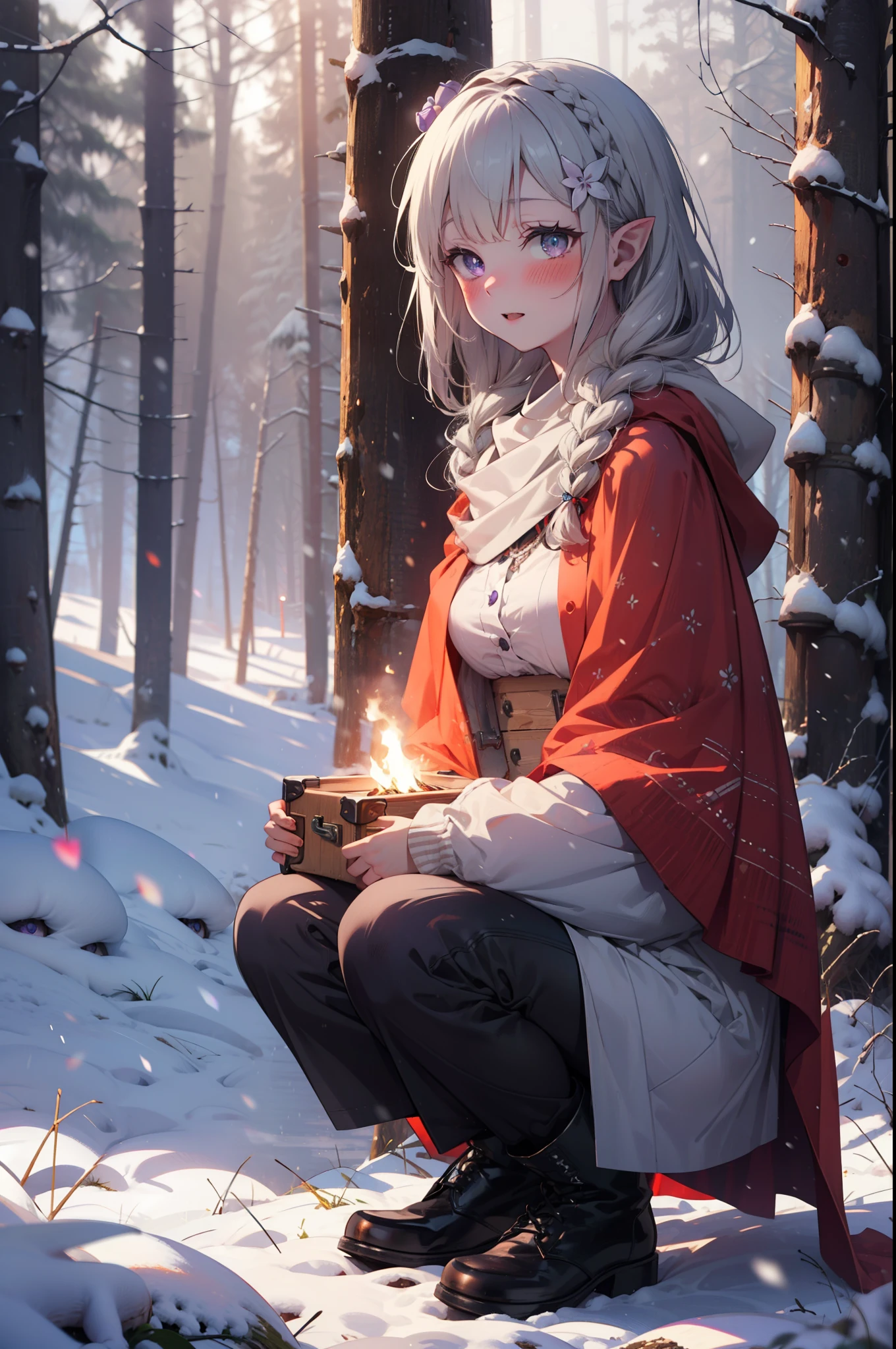 Emilia, Braiding, crown Braiding, flower, hair flower, hair ornaments, Hair Ribbon, Long Hair, Pointy Ears, (Purple eyes:1.2), Gray Hair, x hair ornaments,smile,blush,White Breath,
Open your mouth,snow,Ground bonfire, Outdoor, boots, snowing, From the side, wood, suitcase, Cape, Blurred,  forest, White handbag, nature,  Squat, Mouth closed, Cape, winter, Written boundary depth, Black shoes, red Cape break looking at viewer, Upper Body, whole body, break Outdoor, forest, nature, break (masterpiece:1.2), highest quality, High resolution, unity 8k wallpaper, (shape:0.8), (Beautiful and beautiful eyes:1.6), Highly detailed face, Perfect lighting, Extremely detailed CG, (Perfect hands, Perfect Anatomy),