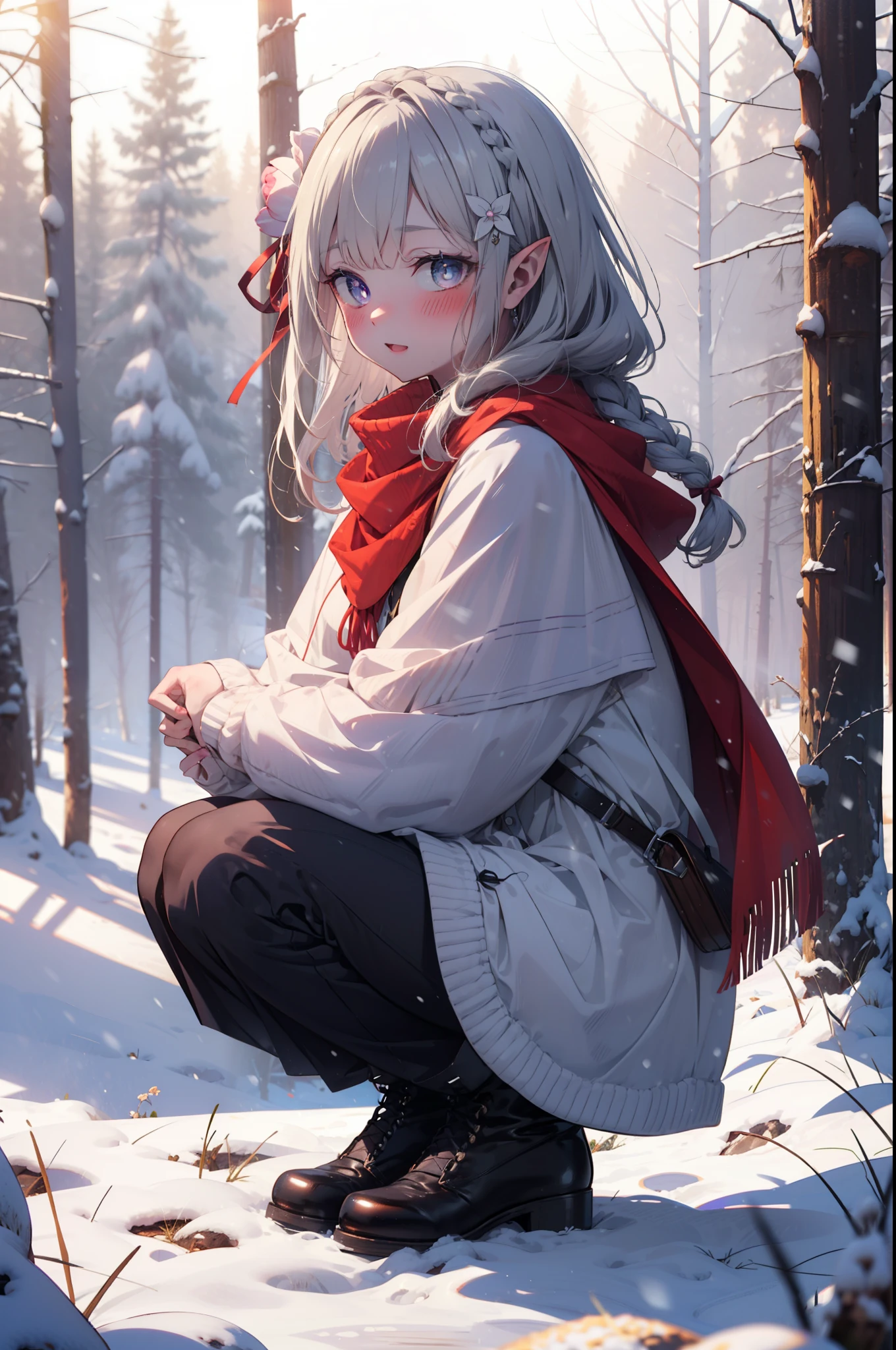 Emilia, Braiding, crown Braiding, flower, hair flower, hair ornaments, Hair Ribbon, Long Hair, Pointy Ears, (Purple eyes:1.2), Gray Hair, x hair ornaments,smile,blush,White Breath,
Open your mouth,snow,Ground bonfire, Outdoor, boots, snowing, From the side, wood, suitcase, Cape, Blurred,  forest, White handbag, nature,  Squat, Mouth closed, Cape, winter, Written boundary depth, Black shoes, red Cape break looking at viewer, Upper Body, whole body, break Outdoor, forest, nature, break (masterpiece:1.2), highest quality, High resolution, unity 8k wallpaper, (shape:0.8), (Beautiful and beautiful eyes:1.6), Highly detailed face, Perfect lighting, Extremely detailed CG, (Perfect hands, Perfect Anatomy),