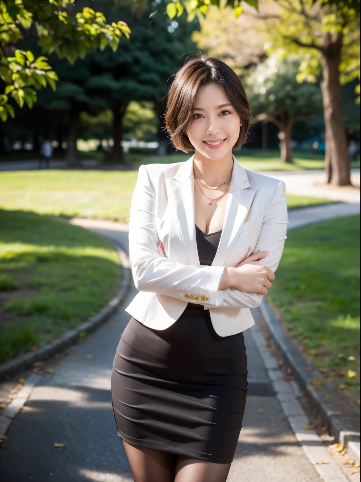 (RAW Photos:1.2), (Realistic:1.4),Beautiful detailed woman,非常にFine Eyesと顔, Fine Eyes, Very detailed,High resolution, Very detailed,highest quality,Awareness-raising,Unified,8k wallpaper,masterpiece,highest quality,1 female,alone,rich,Esbian all over,(A little chubby:0.85),Thick legs,alone,(suit,Tight Skirt,High heels),jewelry, necklace ,short hair,A kind smile,A dignified atmosphere,black eye,Realistic,Hibiya Park , (Morning Park:1.1),(Stand upright:1.4)