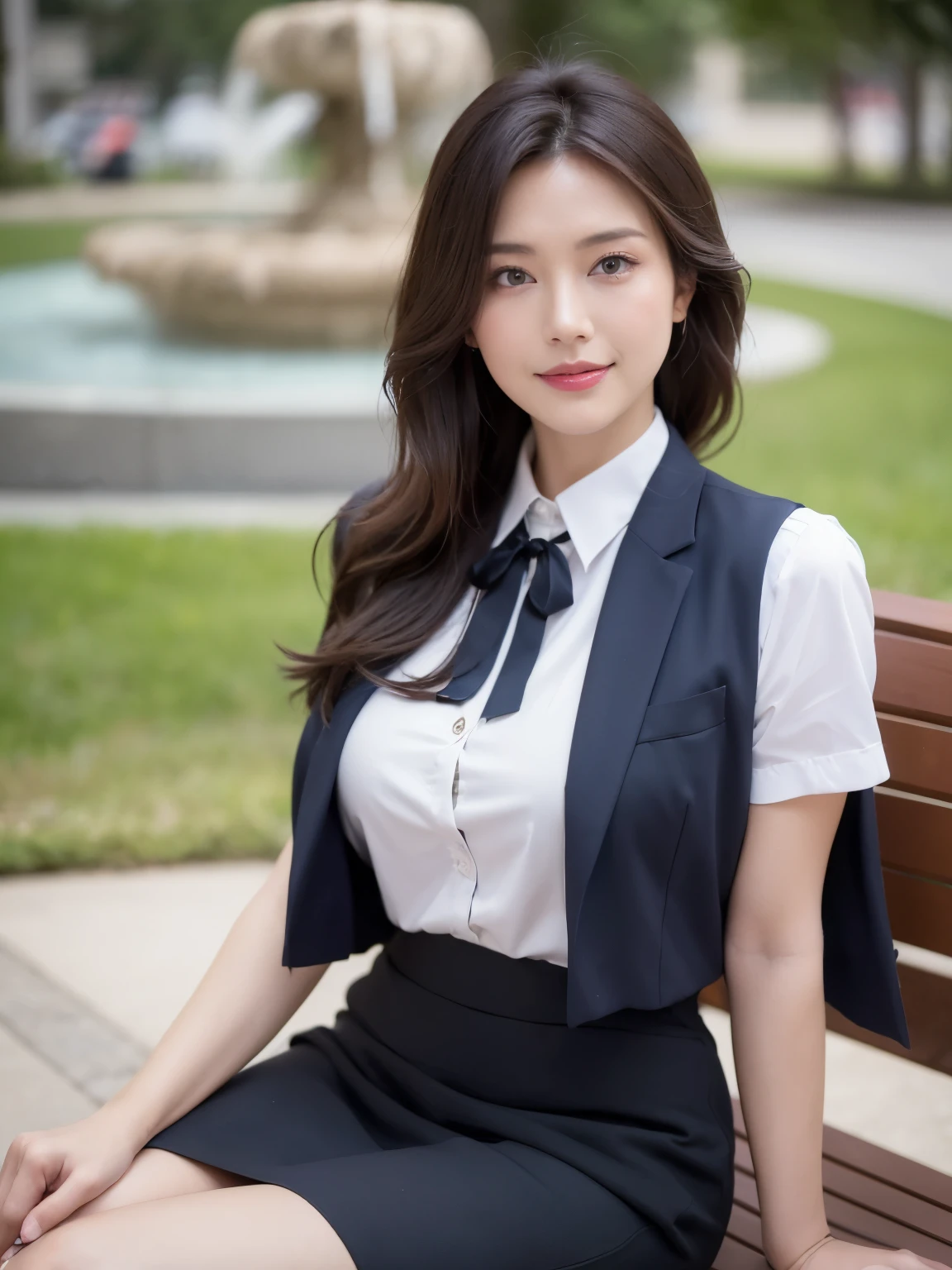 最high quality, In 8K, Masseter region, Vibrant, Sharp focus, high quality, High resolution, Detailed face, fine grain, Thick lips, (Looking at the audience), alone, Beautiful woman, 38 years old, Japanese women, （Short black hair:1.4）、（Bob Hair:1.4）, Cleavage, Lunch break、Large city park、Green Grass、In front of a big fountain、（sitting on a park bench:1.3）、（Full body photo:1）、（Japanese women）、（Mitsubishi Bank uniform:1.8）, （She is wearing a dark blue vest over a white blouse:1.5）, The vest has three gold buttons, （red, Blue and white ribbon around neck）、（Knee-length dark blue skirt）、（Black pumps:1.5）、（red lipstick:1）、（smile:1.3）、（standard body type）、（D cup breasts）