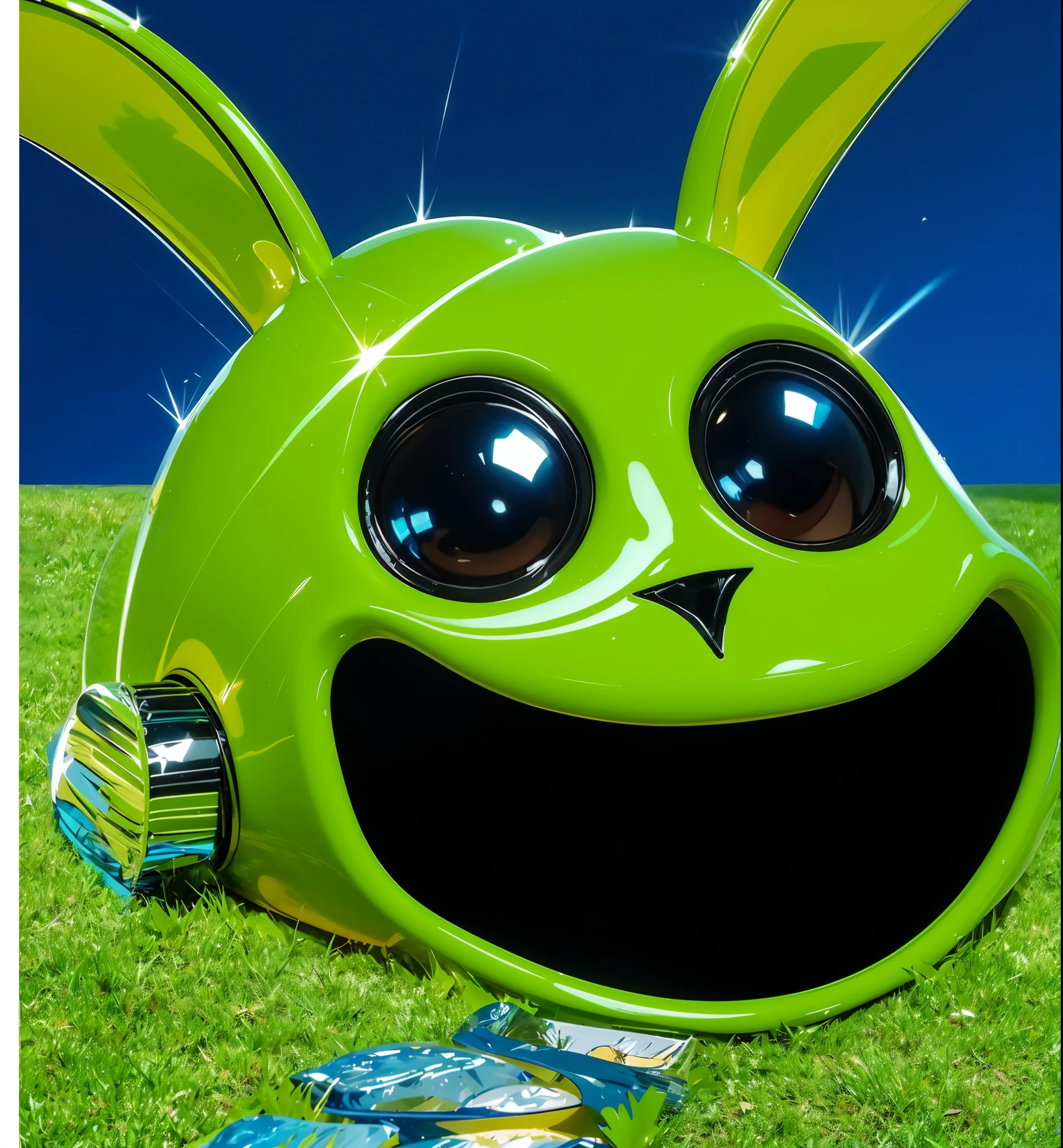 Create an image of a bright and beautiful plastic cat. The cat should be glossy and shiny, with a smooth surface that reflects light. It should feature vibrant colors like green, with exaggerated, cute features and large, expressive eyes. The cat should have a playful and lively pose, sitting on a beautiful, even lawn that looks lush and green. The background should be simple to highlight the bright and shiny appearance of the cat and the lush lawn. cartoon key frame rendering, cute 3D rendering, Shiny metallic,Create ultra sharp цветной рендеринг zbrush. perfect cgi, cgi art created only with gradients, smooth silhouette, Create ultra sharp skin, high intensity refraction, (plastic material), most beautiful vfx, blue background, plastic refractions, glossy texture, smooth 3d model, multiple light sources, rim light, sharp post effects render, (glossy plastic texture with multiple big light probe refractions), perfect cgi, cgi art created only with gradients, smooth silhouette, high intensity refraction, (plastic material), most beautiful vfx, blue background, plastic refractions Create ultra sharp
