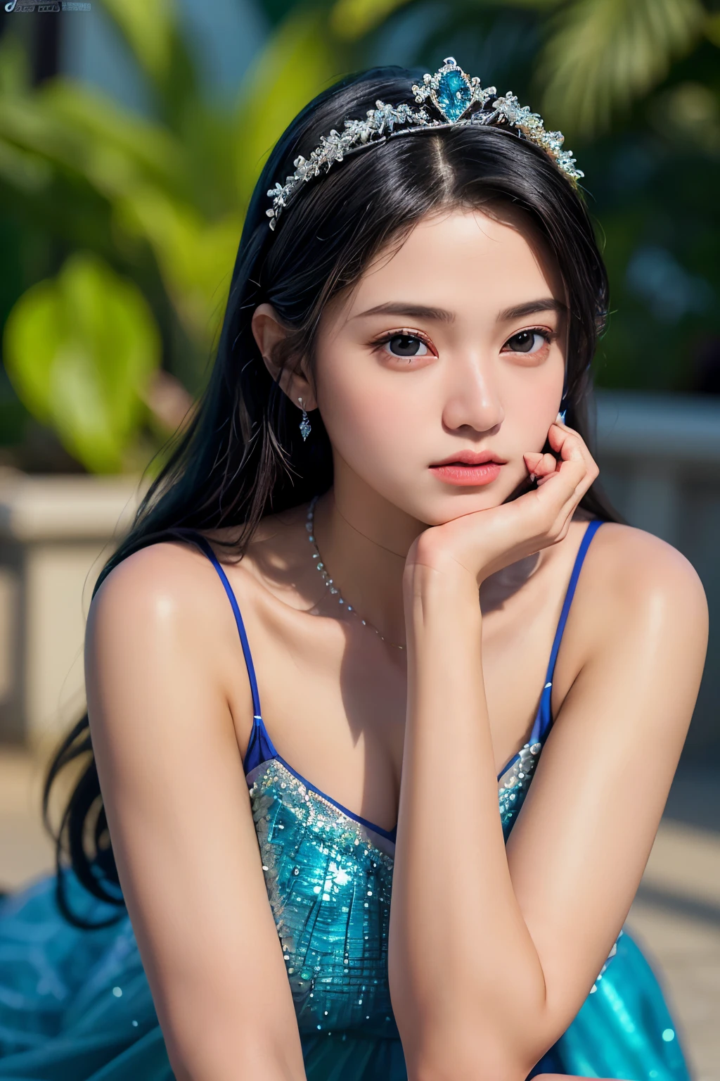 Top Quality, Masterpiece, Ultra High Resolution, (Photorealistic: 1.4), Raw Photo, 1 Girl, Black Hair, Glossy Skin, (((Ultra Realistic Details)), (realistic face: 1.2), realistic skin, Global Illumination, Shadows, Octane Rendering, 8K, Ultra Sharp, Intricate Ornaments Details, she is a princess, wearing a tiara. Wearing blue royal dress, half body shot, elsa frozen