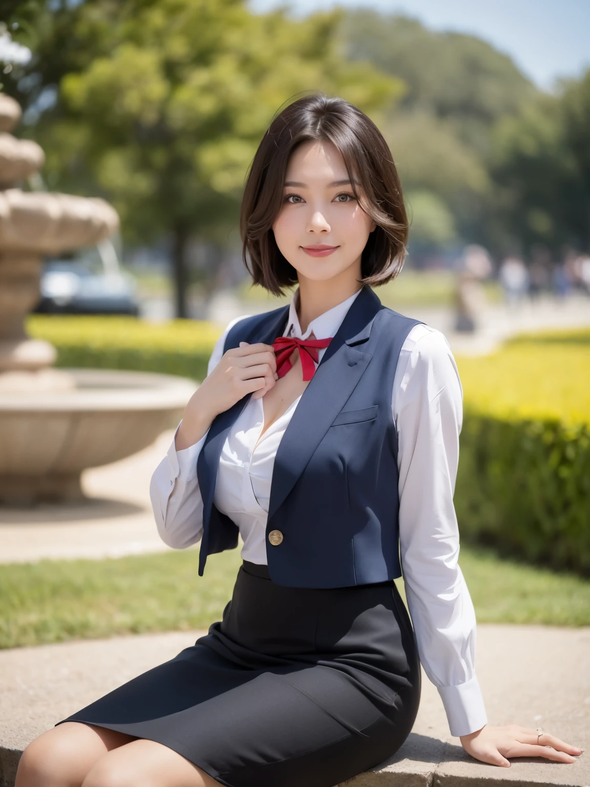 最high quality, In 8K, Masseter region, Vibrant, Sharp focus, high quality, High resolution, Detailed face, fine grain, Thick lips, (Looking at the audience), alone, Beautiful woman, 38 years old, Japanese women, (Short black hair:1.4)、(Bob Hair:1.4), Cleavage, Lunch break、Large city park、Green Grass、In front of a big fountain、(sitting on a park bench:1.3)、(Full body photo:1)、(Japanese women)、(Mitsubishi Bank uniform:1.8), (She is wearing a dark blue vest over a white blouse:1.5), The vest has three gold buttons, (red, Blue and white ribbon around neck)、(Knee-length dark blue skirt)、(Black pumps:1.5)、(red lipstick:1)、(smile:1.3)、(standard body type)、(D cup breasts)